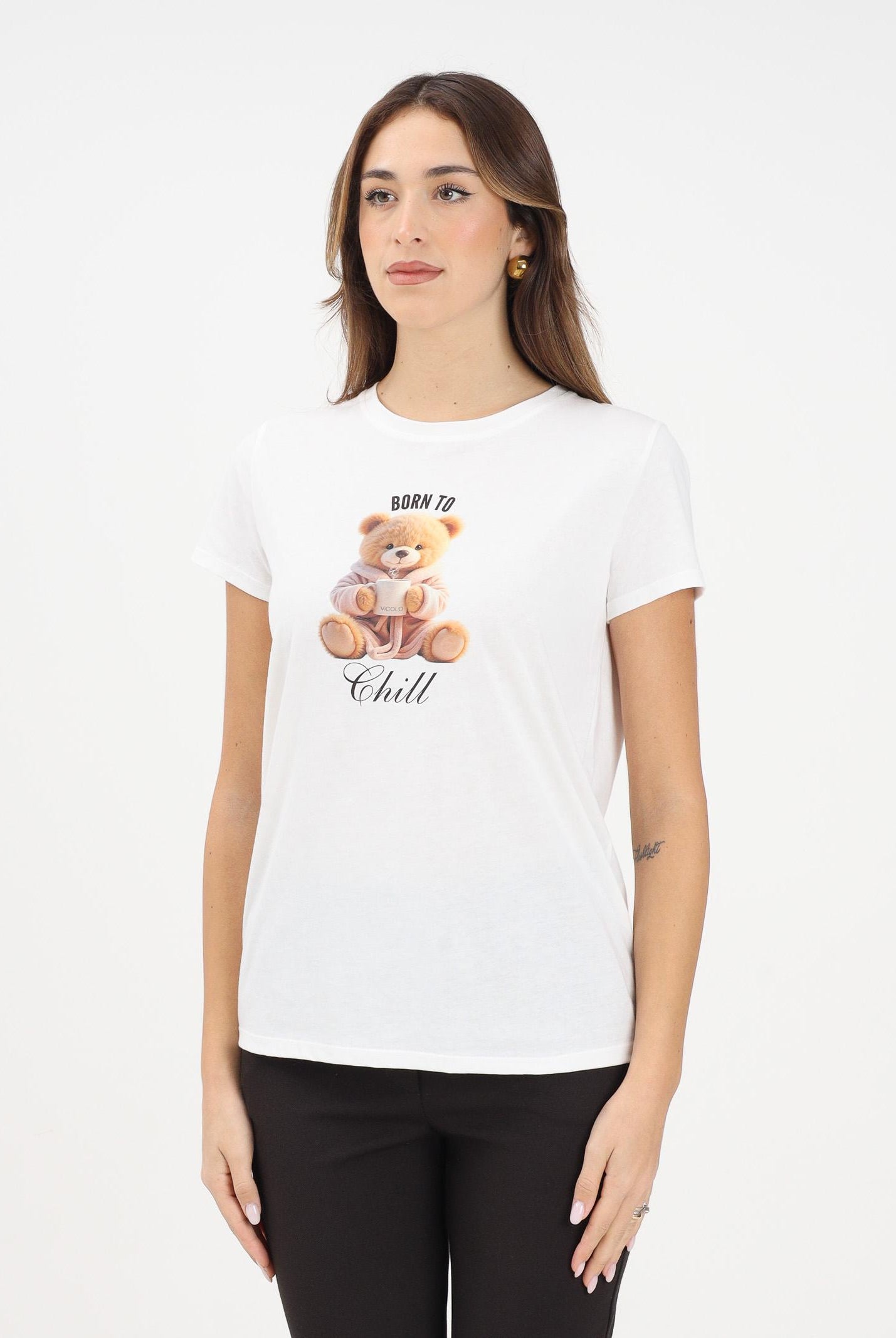 VICOLO T-shirt a manica corta bianca da donna con stampa teddy RF0622 BI VICOLO