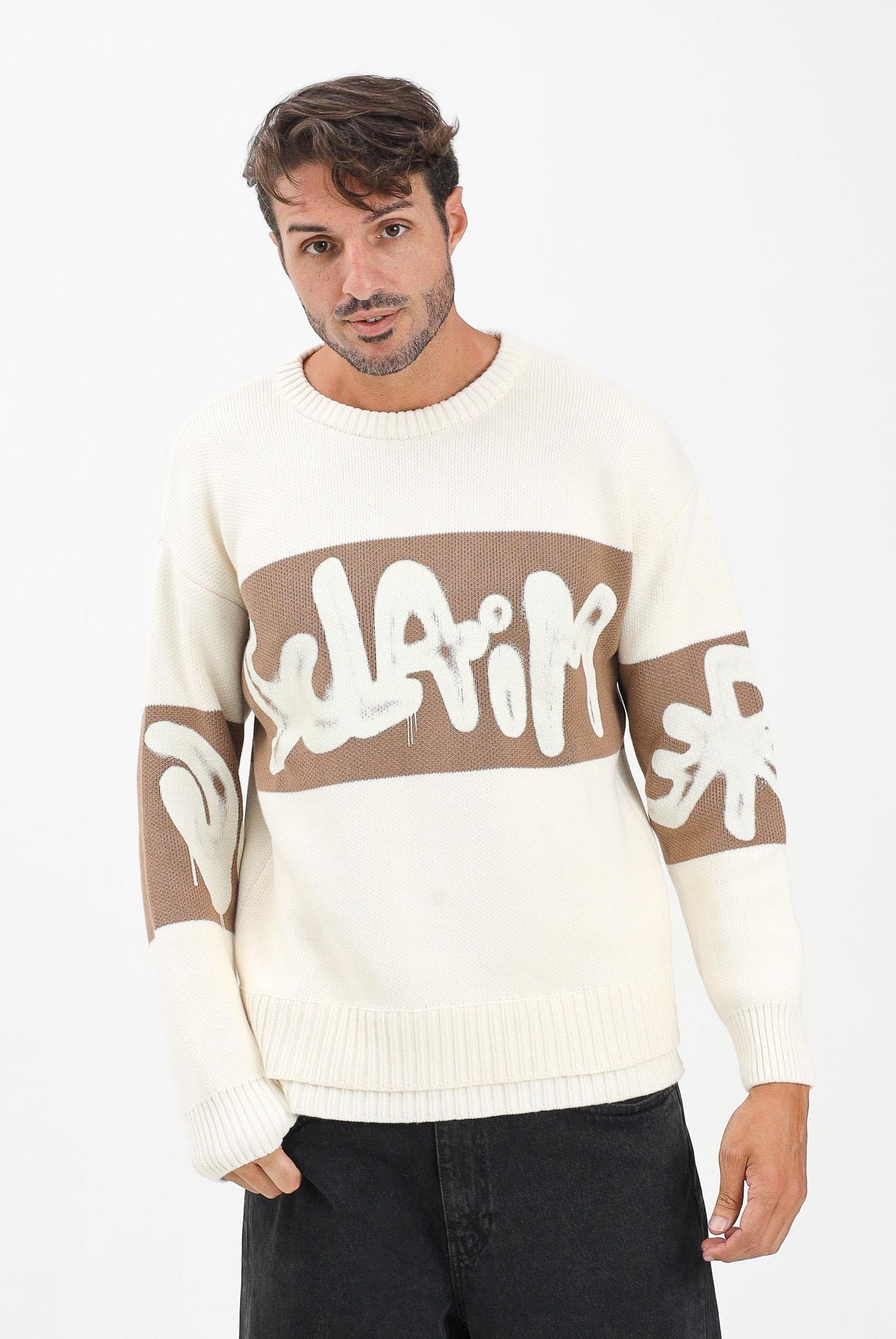 DISCLAIMER Maglioncino girocollo panna da uomo con logo 25IDS55201 LA DISCLAIMER