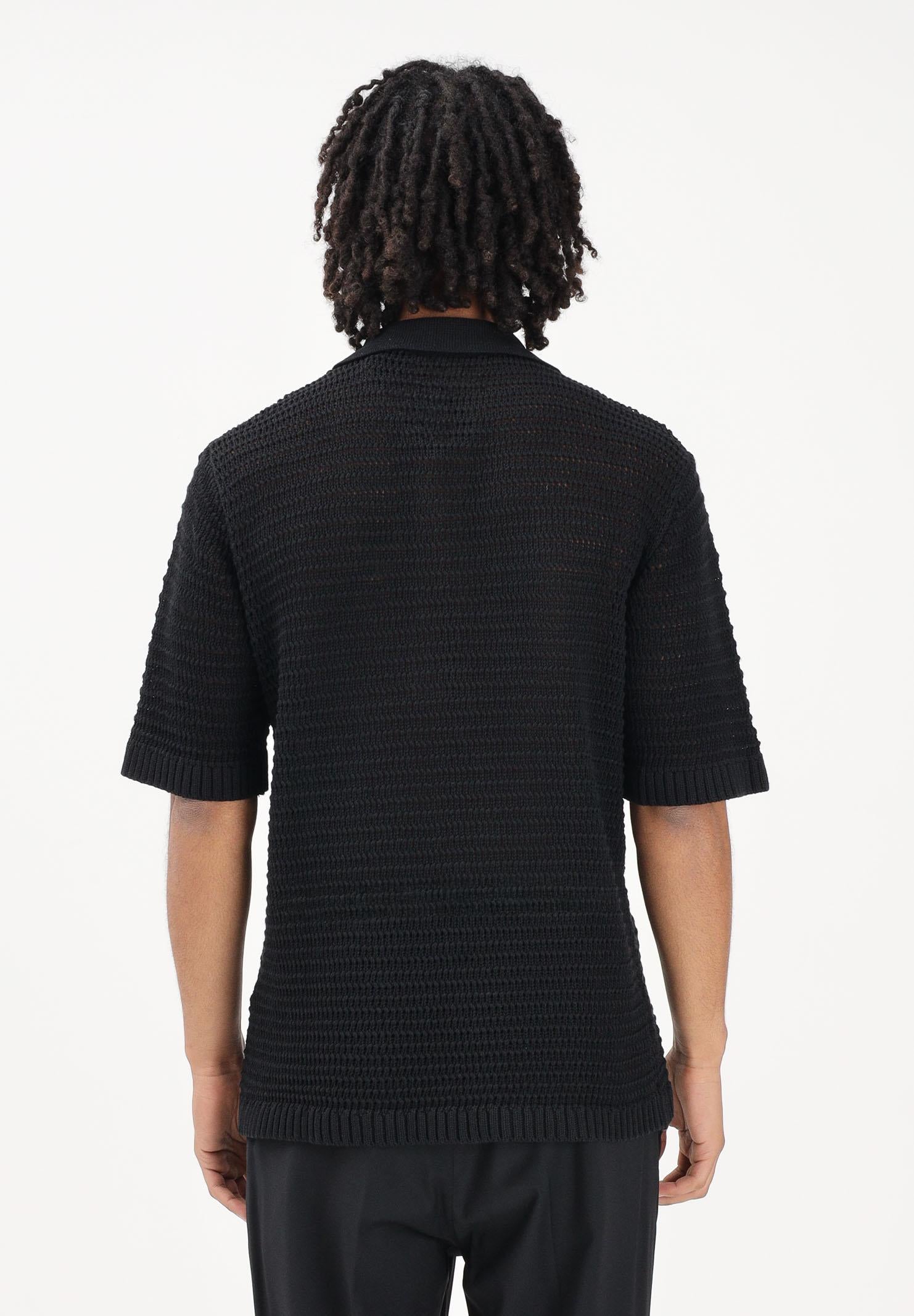 I'M BIRAN Polo nera da uomo in tessuto lavorato a maglia traforata MA3604 009 I'M BRIAN