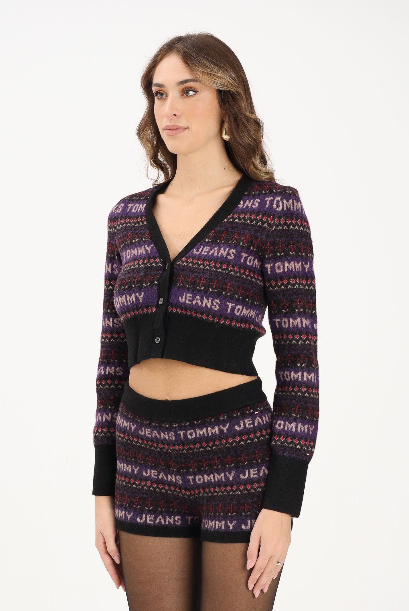 TOMMY JEANS Cardigan corto nero da donna con motivo Fair Isle DW0DW21691BDS TOMMY JEANS