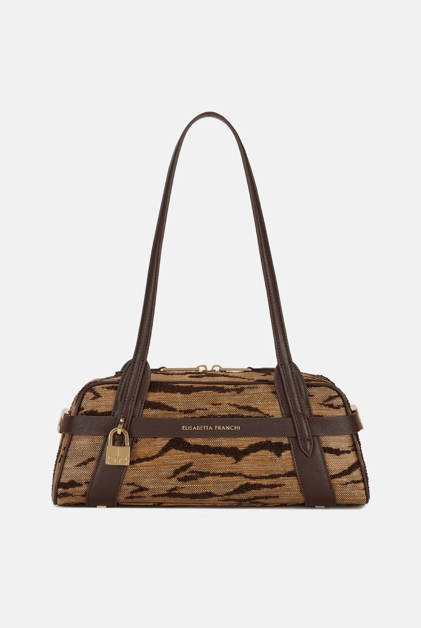 ELISABETTA FRANCHI Borsa a spalla cammello e marrone da donna con stampa tigre<BR/> BS11A62E2 470 ELISABETTA FRANCHI