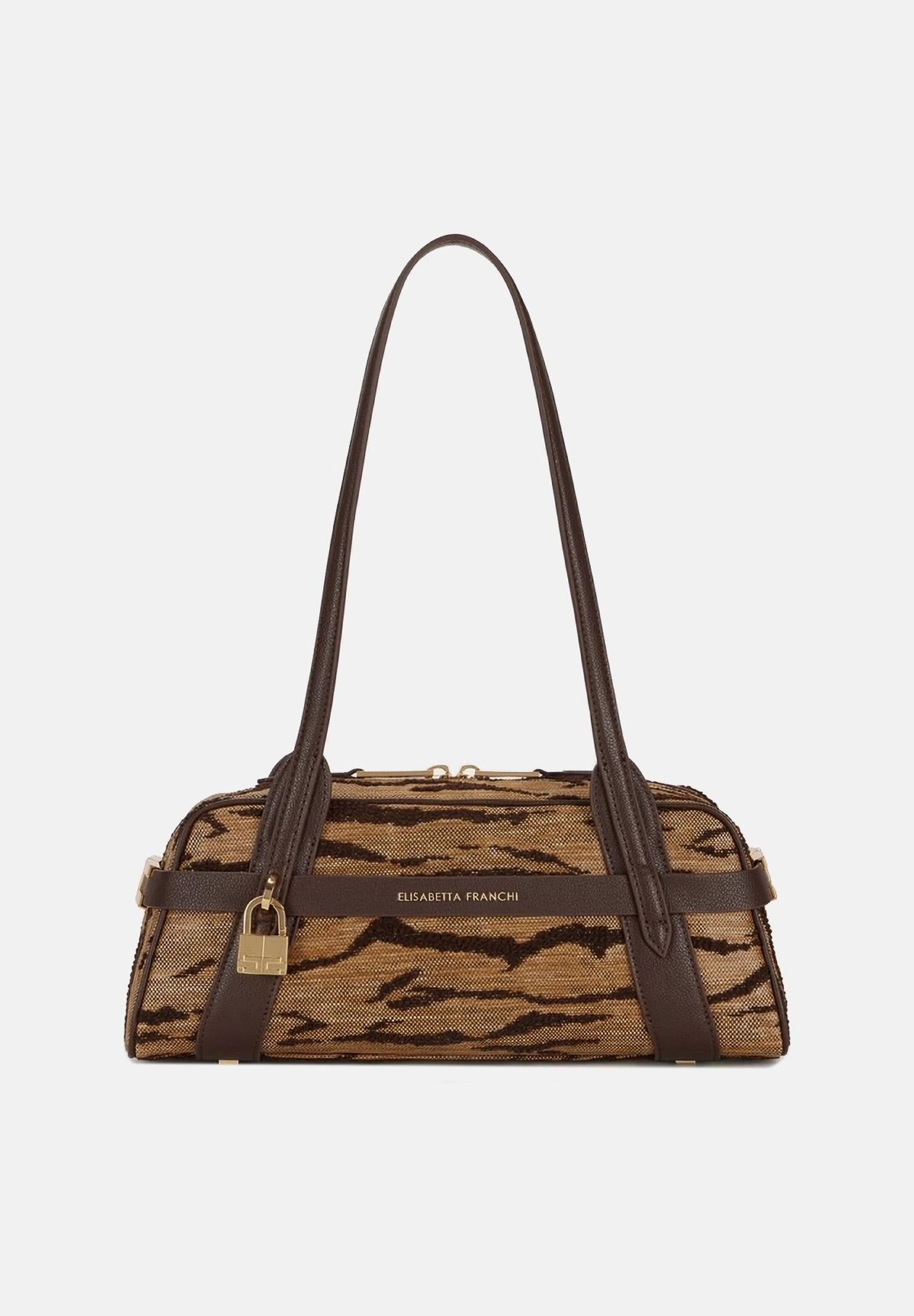 ELISABETTA FRANCHI Borsa a spalla cammello e marrone da donna con stampa tigre<BR/> BS11A62E2 470 ELISABETTA FRANCHI