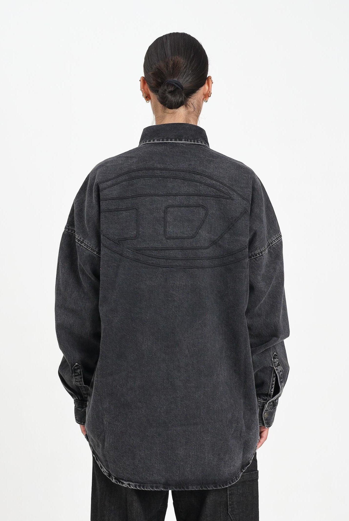 DIESEL Camicia a manica lunga in denim nero per donna, ragazzi e bambini con maxi logo Oval D J02307KXBPT K02 DIESEL