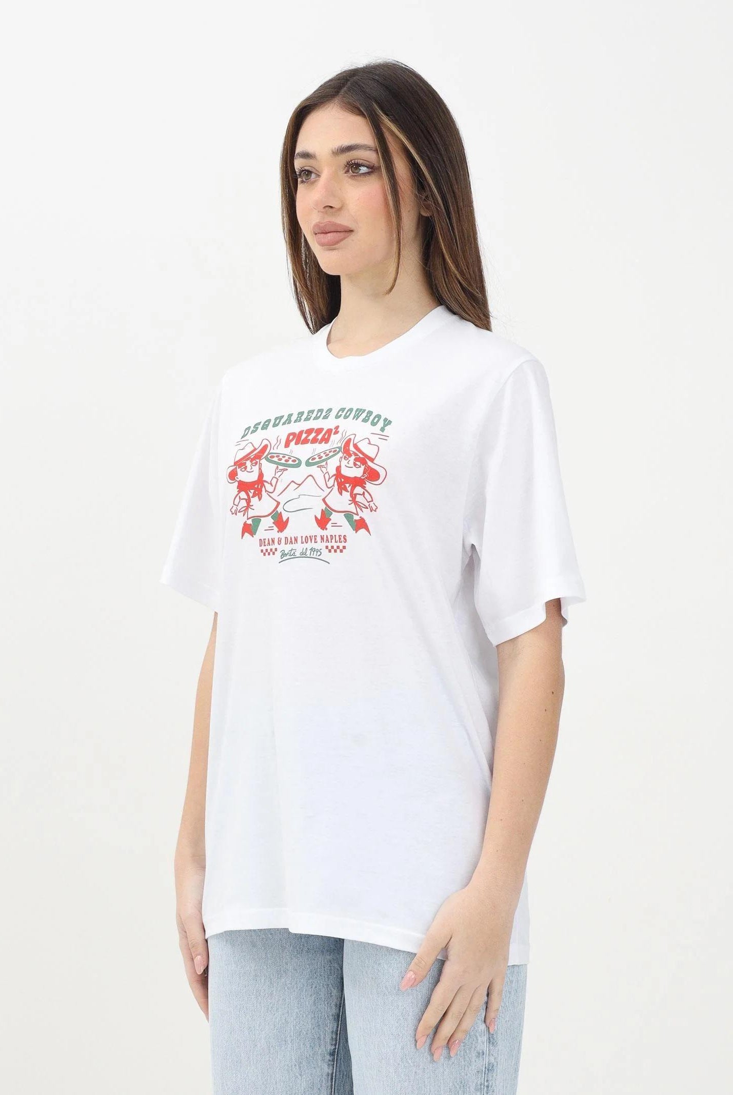 DSQUARED2 T-shirt a manica corta bianca per donna, ragazzi e bambini con grafica originale "Cowboy Pizza" DQ2975D004G DQ100 DSQUARED2