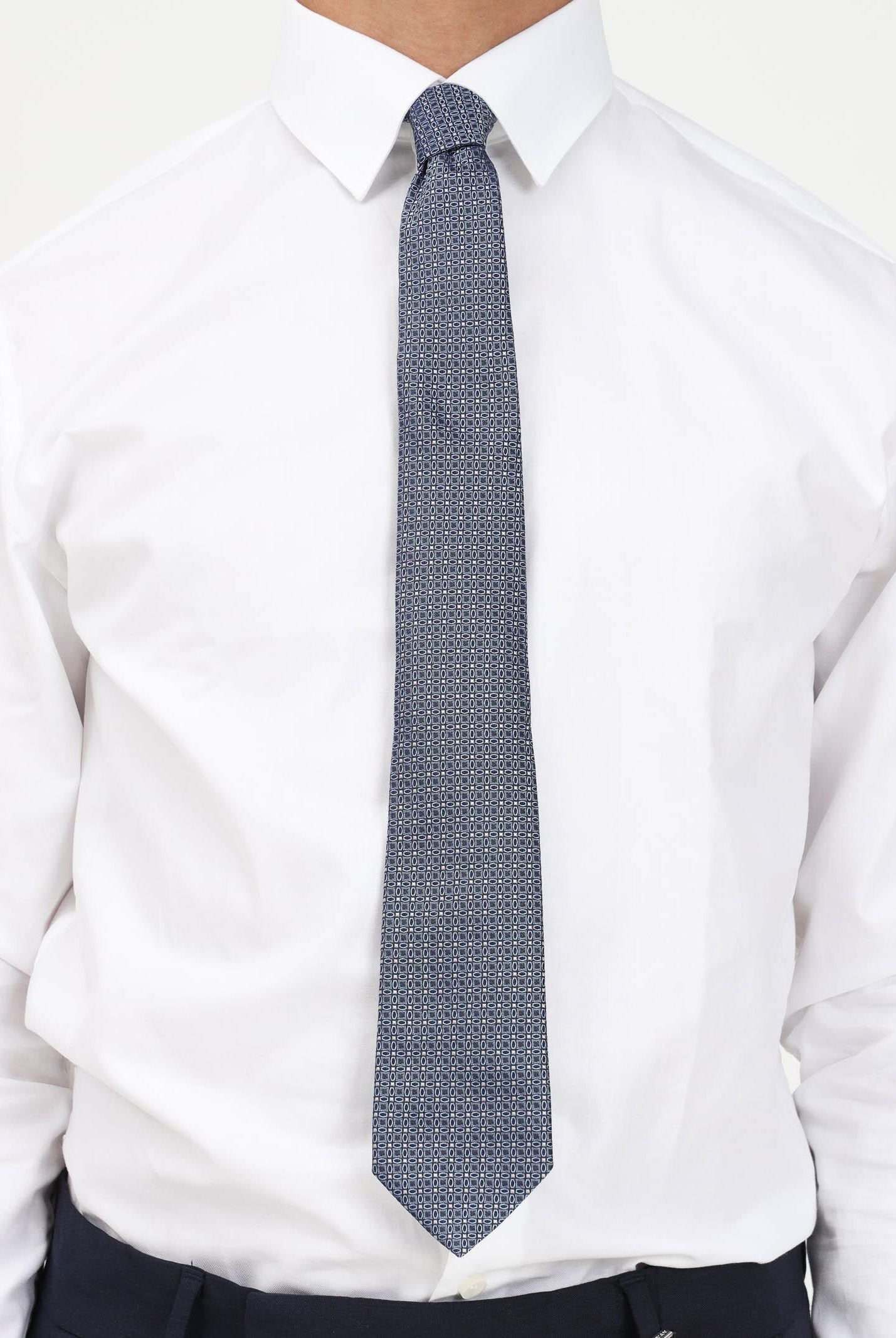 LANVIN Cravatta blu da uomo in faille di seta a micro fiorellini 2106/1C . LANVIN