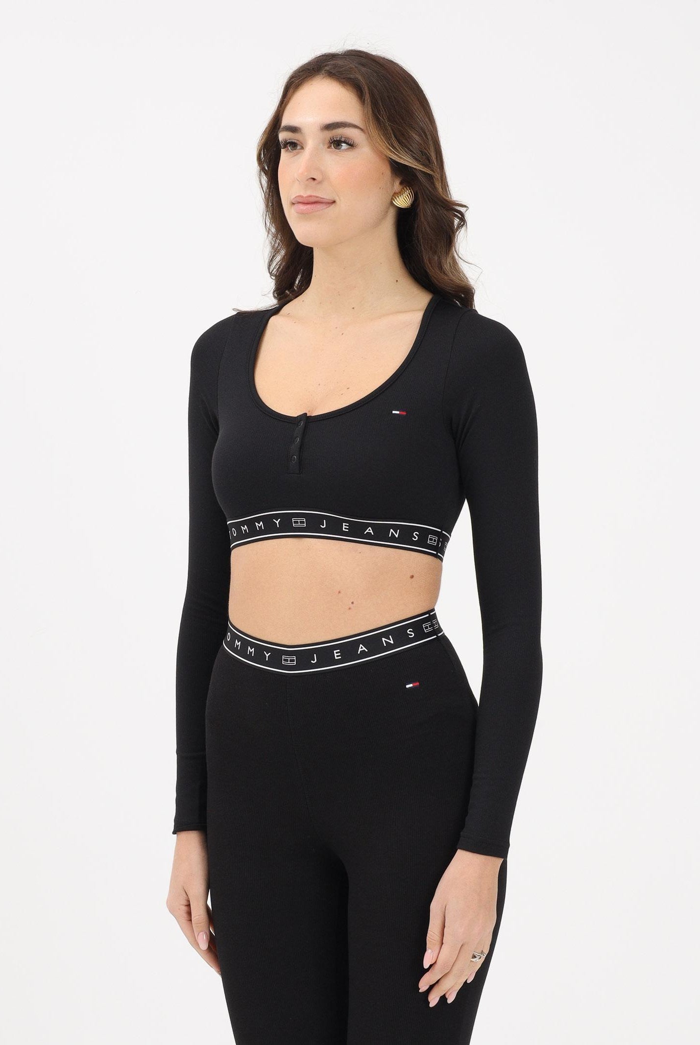 TOMMY JEANS Top a manica lunga nera da donna con fascia logata DW0DW22538 BDS TOMMY JEANS