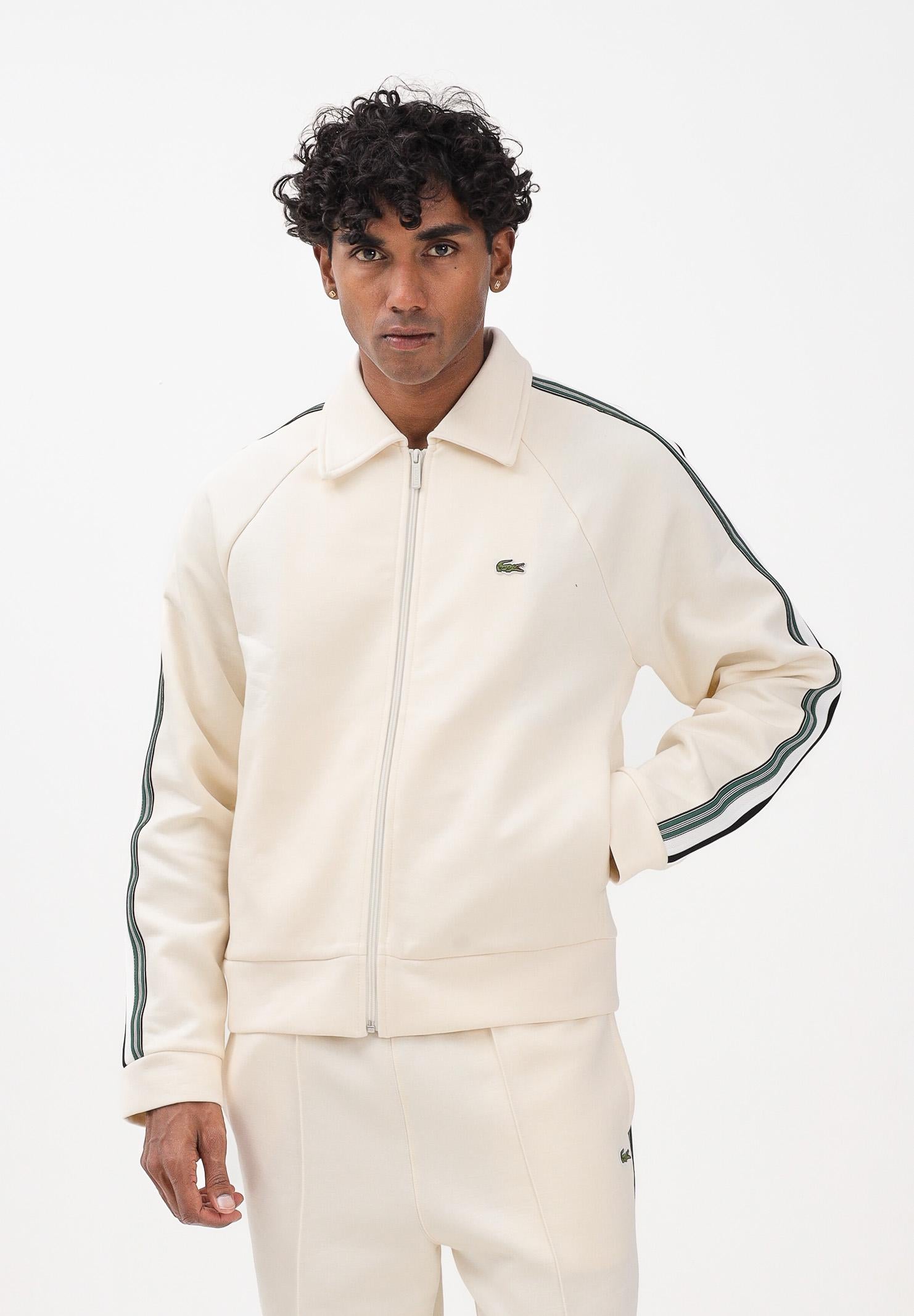 LACOSTE Felpa con zip panna da uomo caratterizzato da bande a contrasto e logo SH5927 XFJ LACOSTE