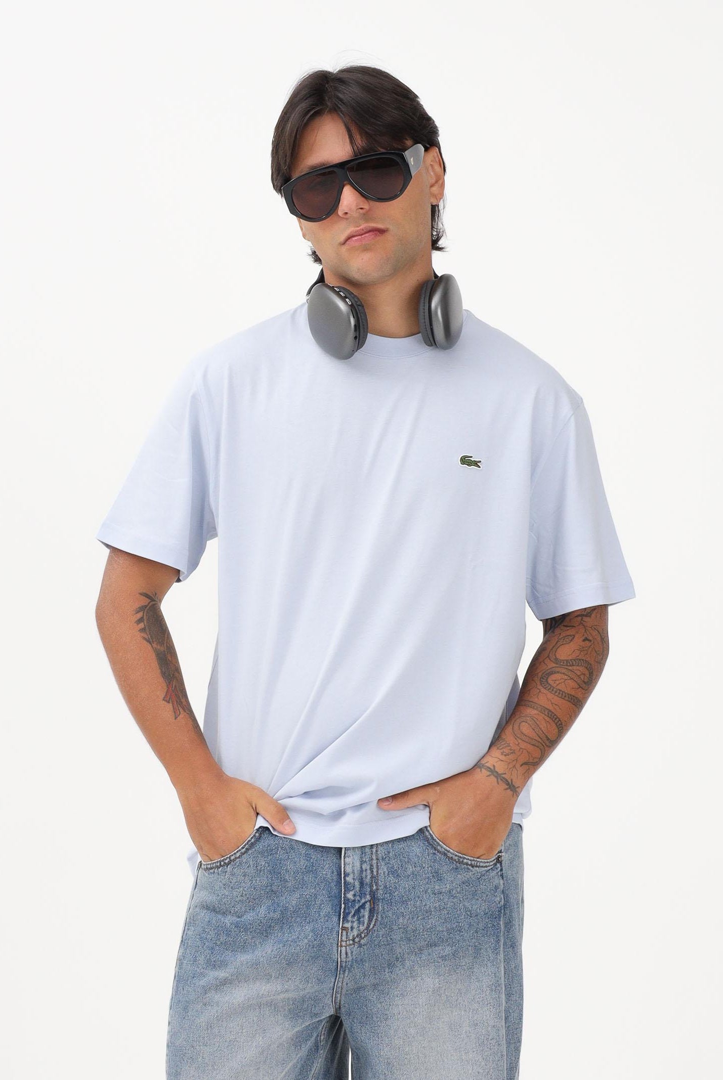 LACOSTE T-shirt a manica corta celeste per uomo e donna con patch coccodrillo TH7318 J2G LACOSTE