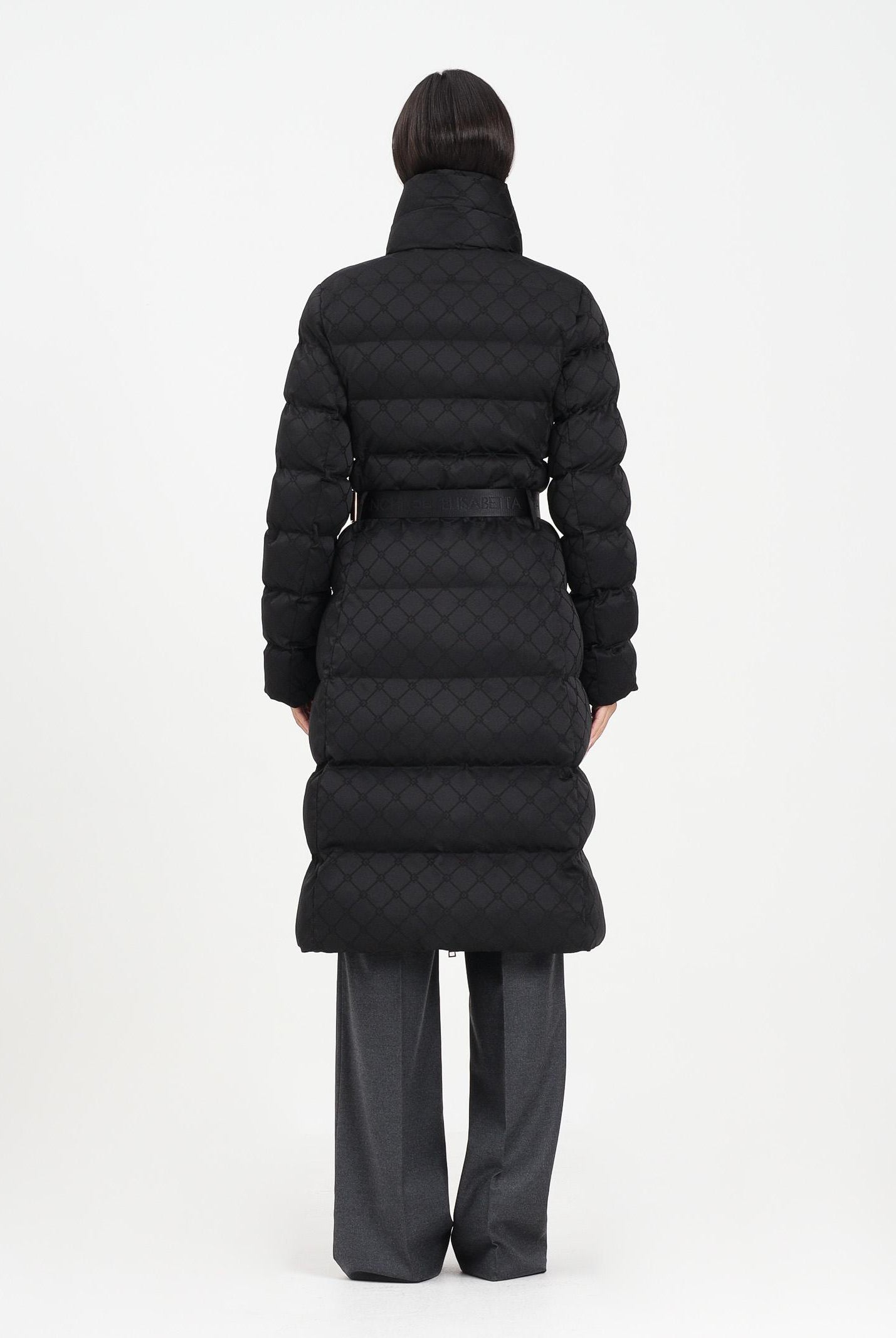 ELISABETTA FRANCHI Piumino lungo nero da donna in tessuto vela jacquard<BR/> PI84D56E2 110 ELISABETTA FRANCHI