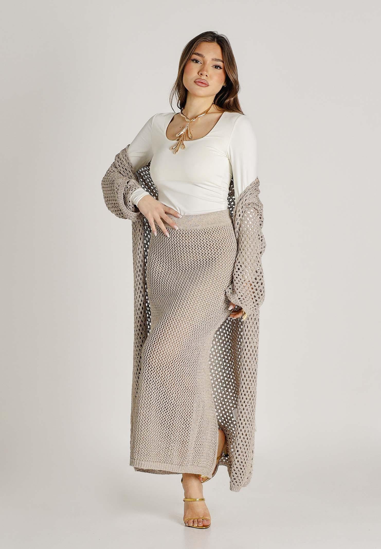 AKEP Gonna lunga beige da donna con spacco e dettagli trasparenza GOKD13038 V3 AKEP