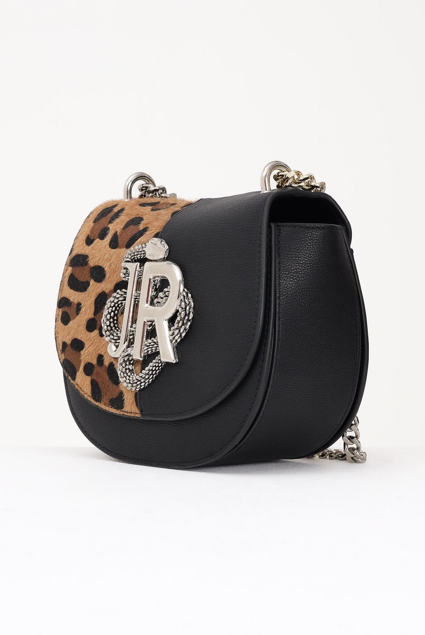 RICHMOND Borsa a tracolla nera da donna con inserto in pelo maculato e logo RWA25355BO BLSI RICHMOND