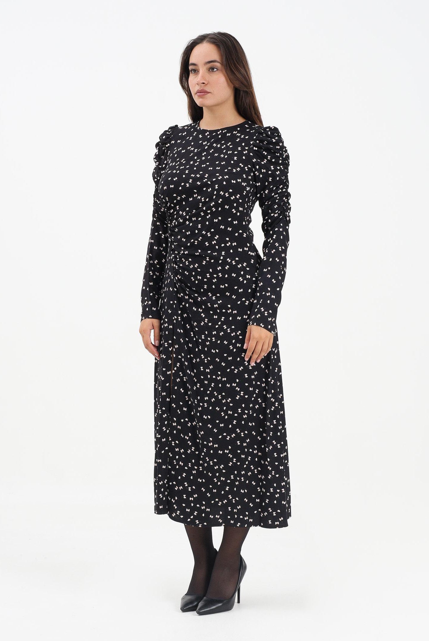 MAR DE MARGARITAS Abito midi Chloe nero da donna con micro fantasia papillon MMABW01290 NE103 Mar de margaritas