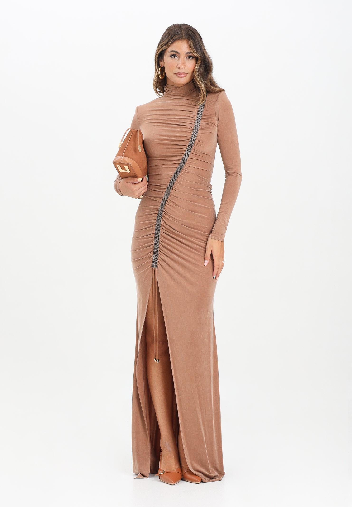 ELISABETTA FRANCHI Abito lungo beige da donna in jersey cupro con dettagli in pitone<BR/> ABR0957E2 EC1 ELISABETTA FRANCHI