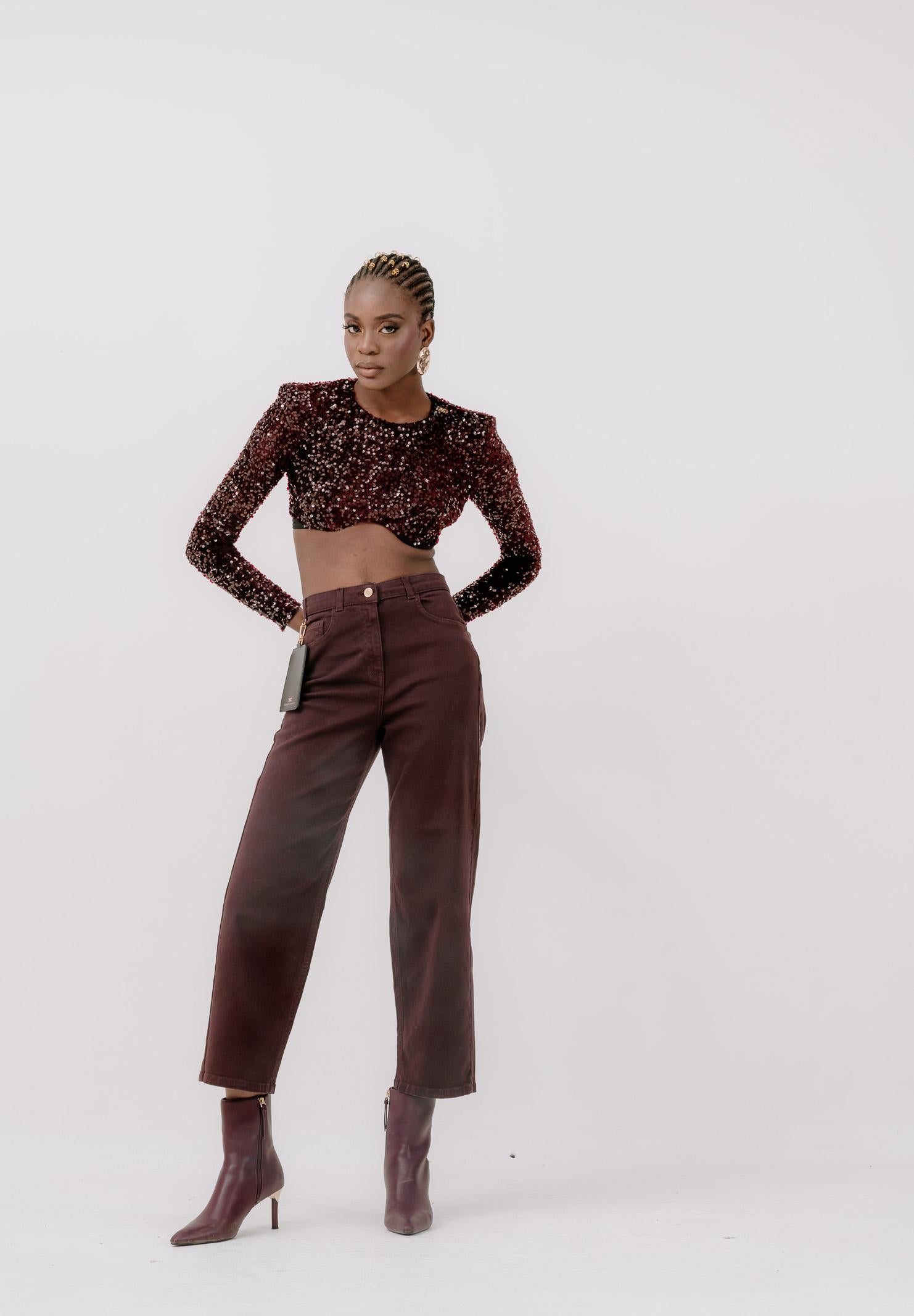 ELISABETTA FRANCHI Top elegante bordeaux da donna completamente ricoperto di paillettes TO04657E2 EA4 ELISABETTA FRANCHI