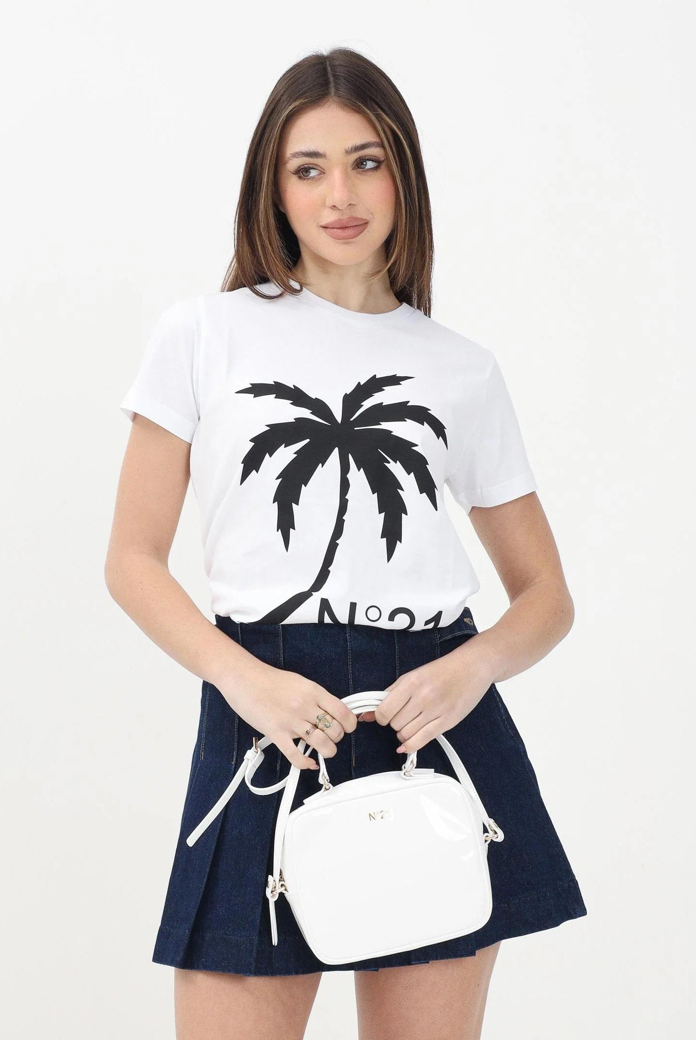 N21 T-shirt a manica corta bianca per donna, ragazzi e bambini con grafica palm tree e logo N2104GN0080 0N100 N21
