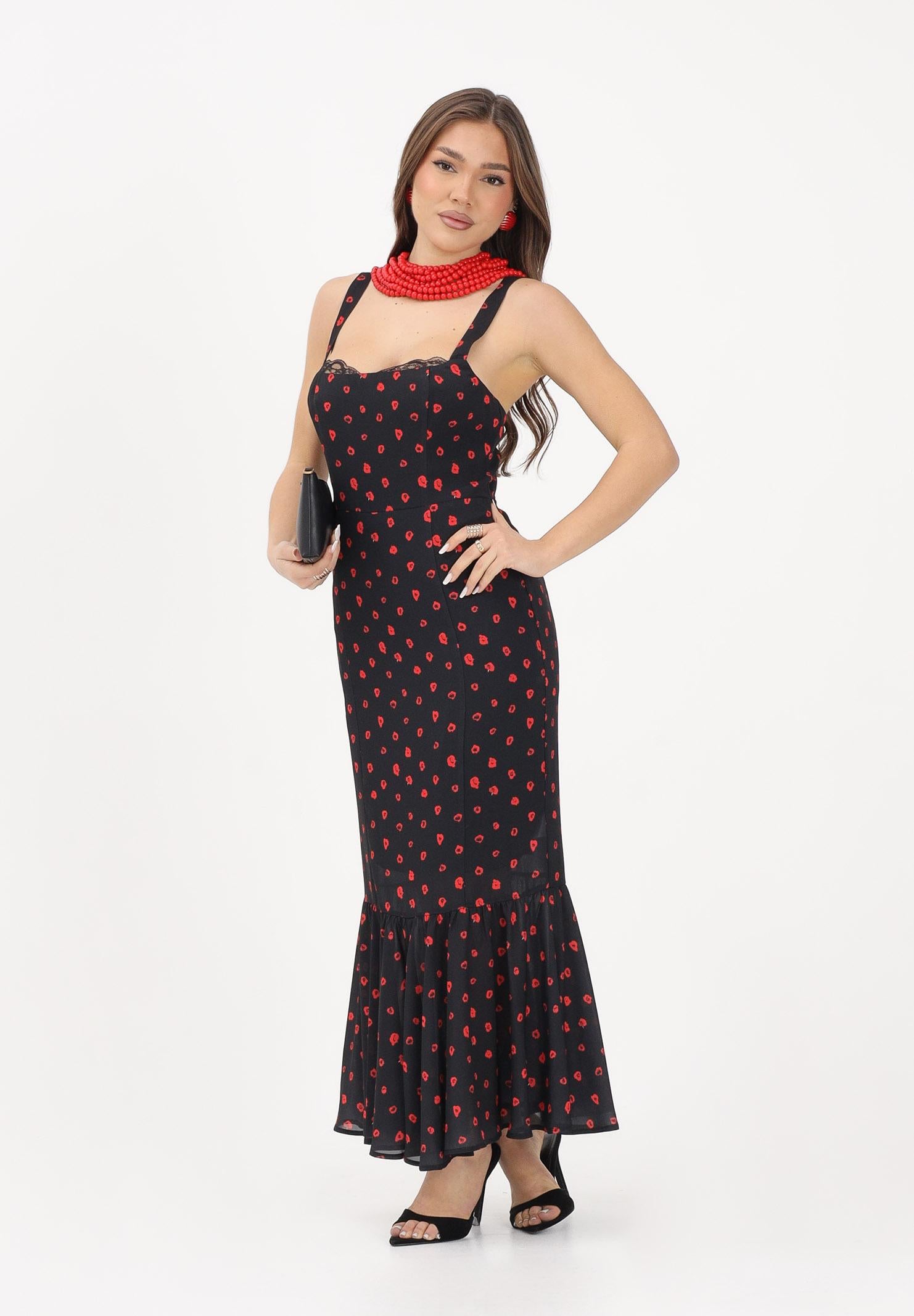 MAR DE MARGARITAS Abito midi Denise nero da donna con micro stampa floreale rossa MMABW01564 NE134 Mar de margaritas