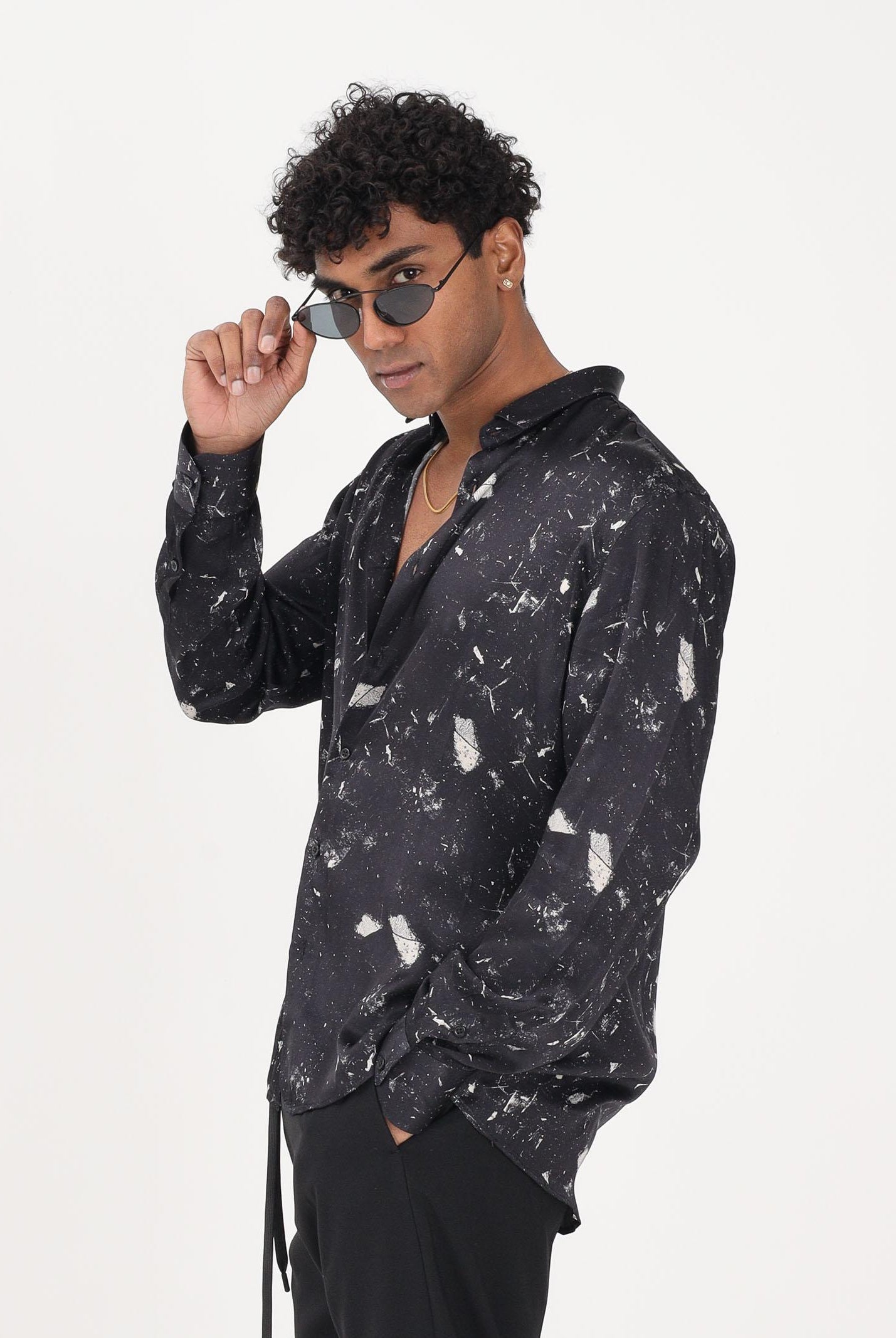 I'M BRIAN Camicia a manica lunga nera da uomo con stampa effetto splatter CA3618 0028 I'M BRIAN