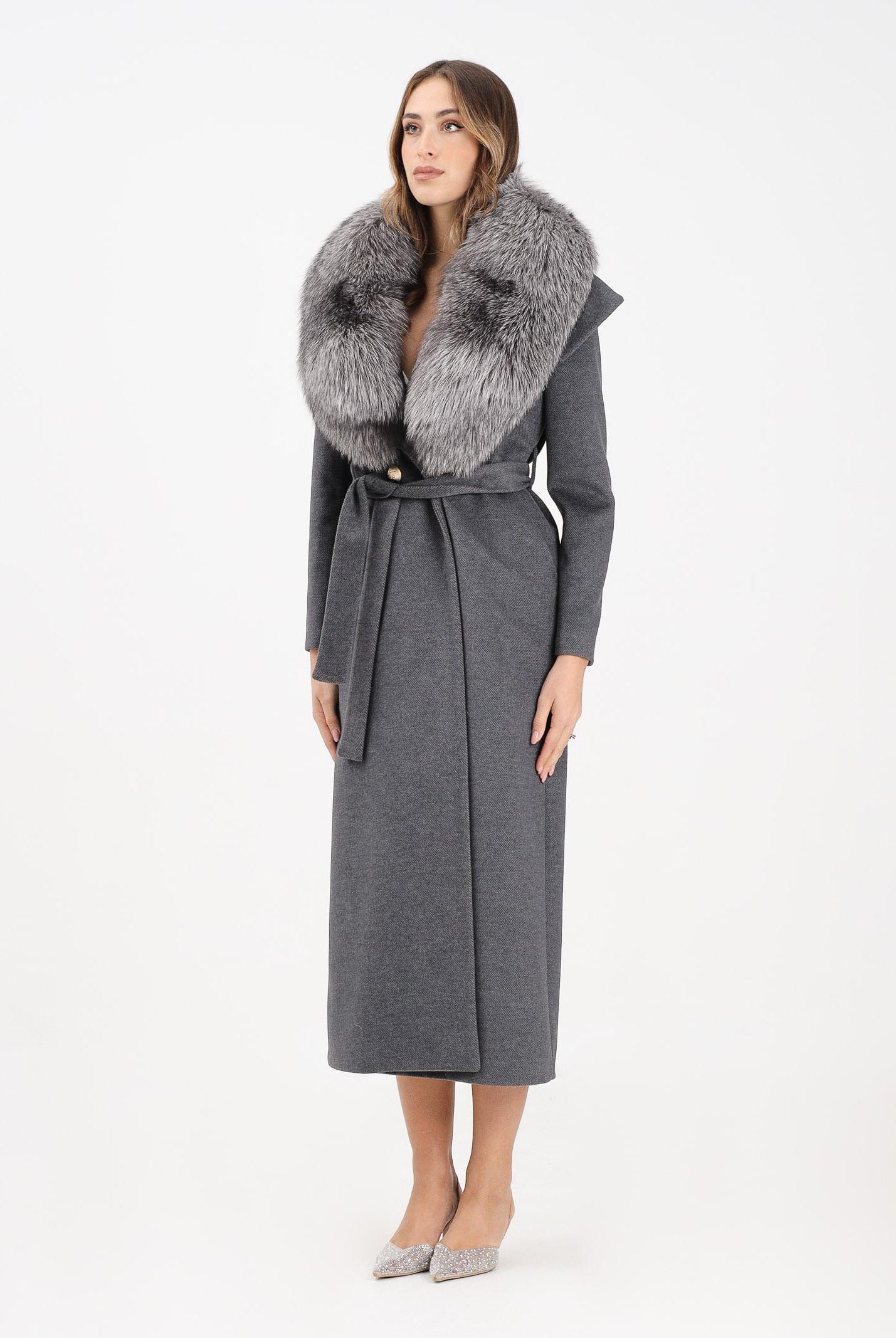 YES LONDON Cappotto grigio da donna con collo in vera pelliccia CD1218 GR YES LONDON