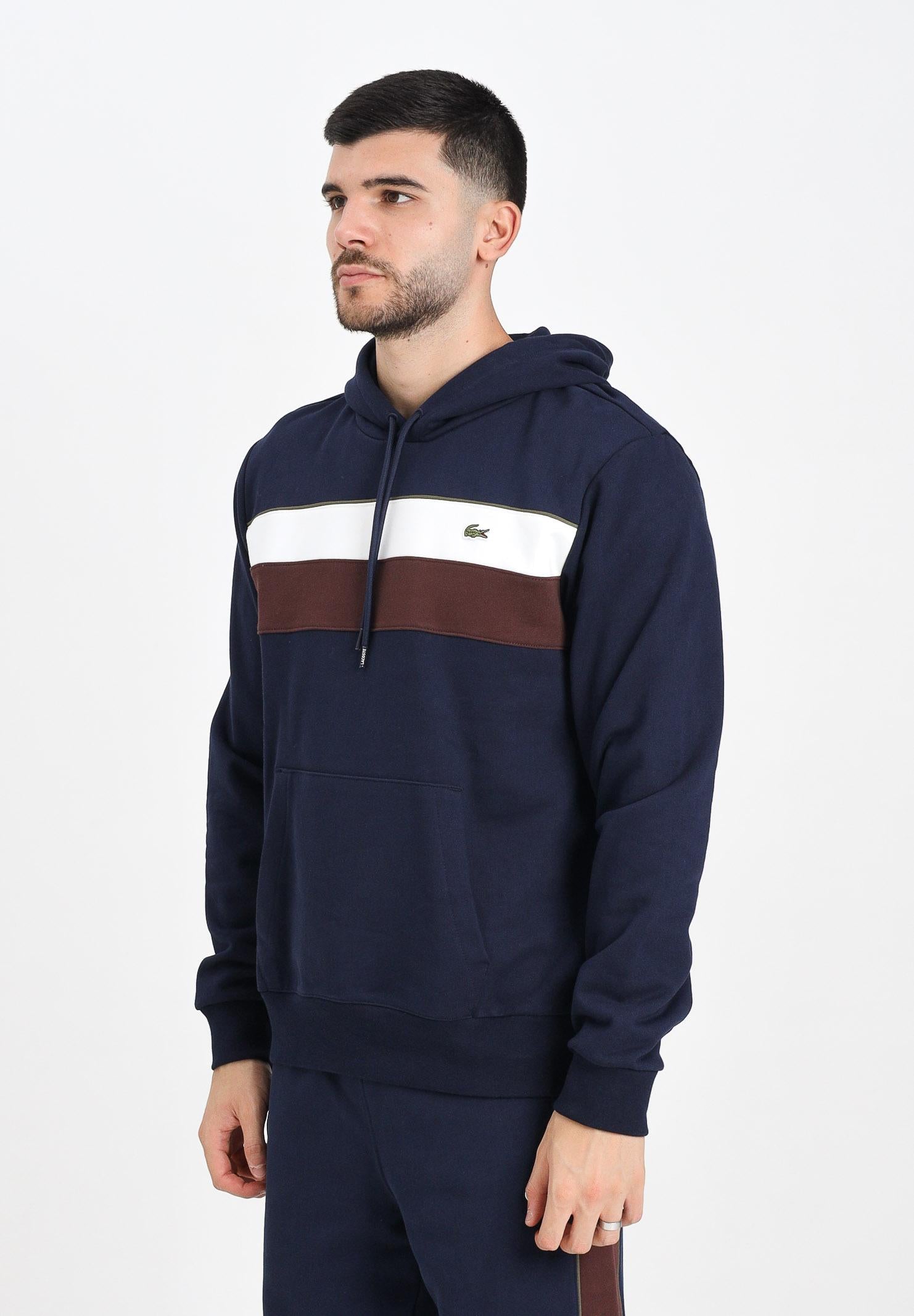 LACOSTE Felpa con cappuccio blu da uomo con motivo color block SH8161 6WZ LACOSTE