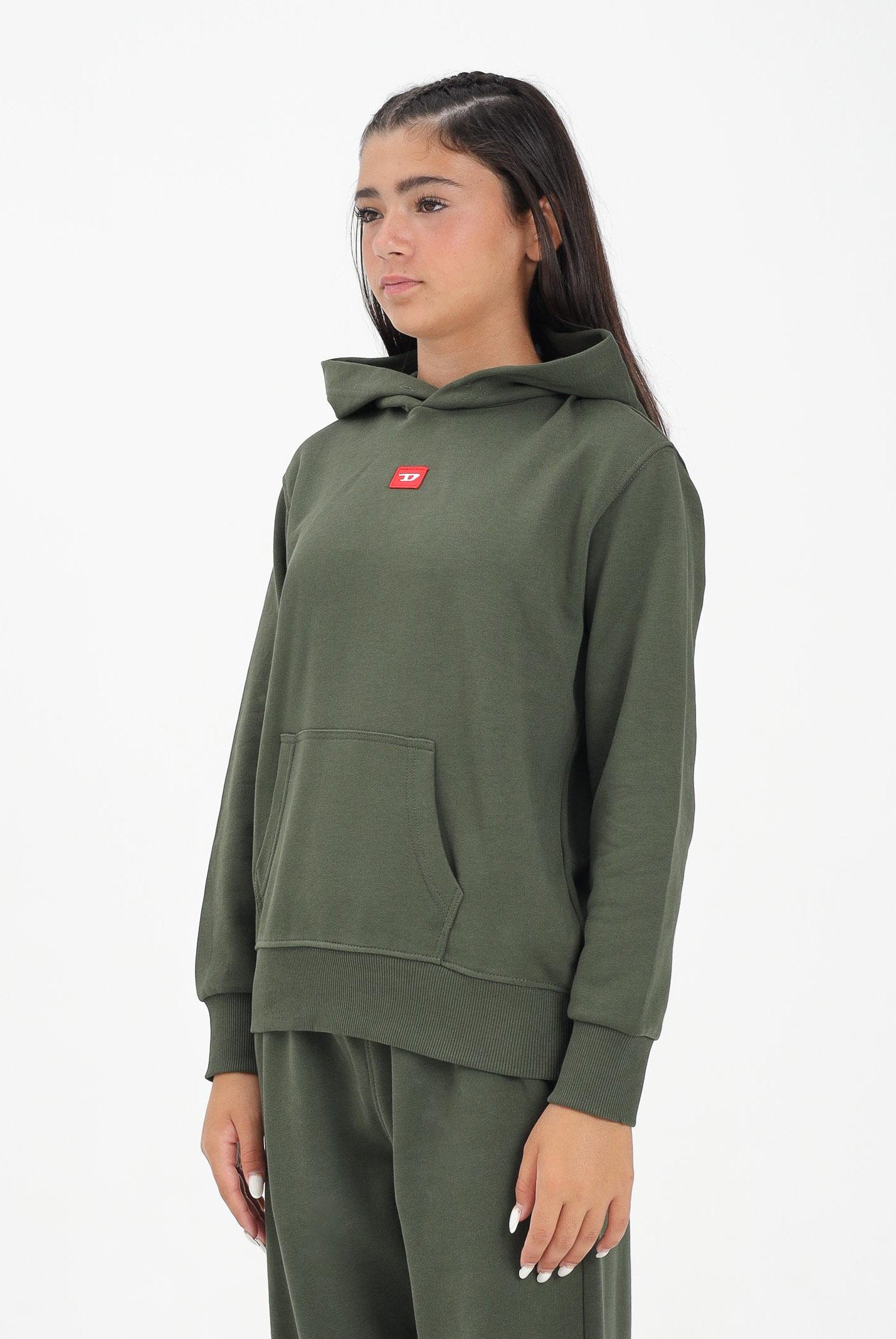 DIESEL Felpa con cappuccio verde militare per donna, ragazzi e bambini rifinita da patch D J025020GEAD K513 DIESEL