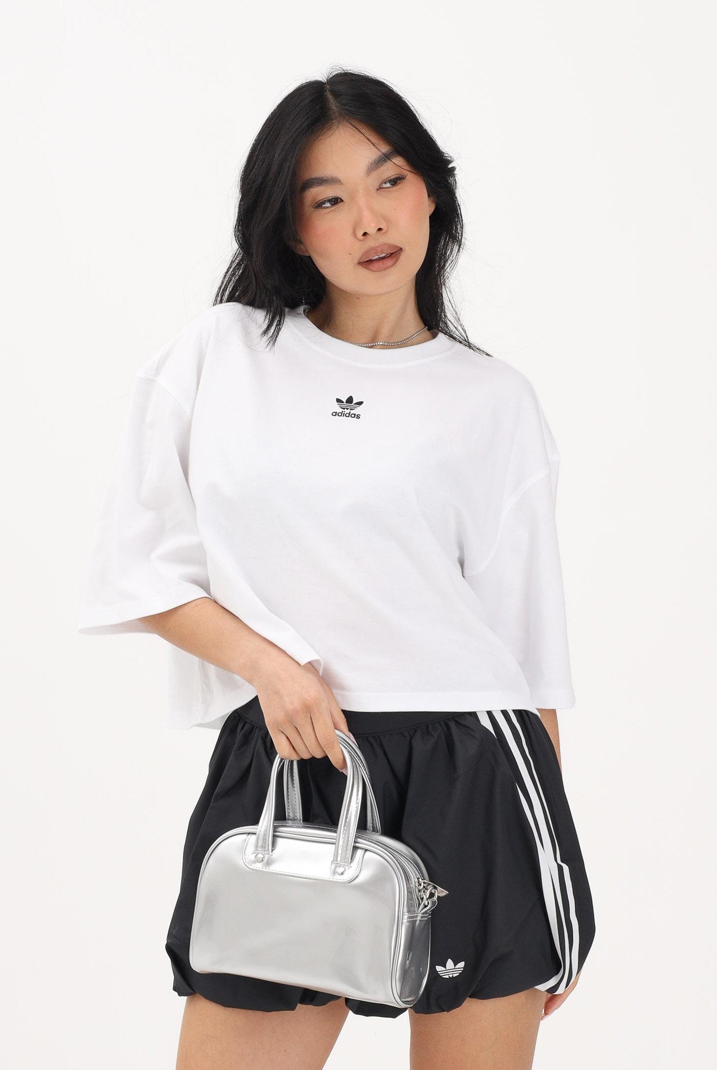 ADIDAS ORIGINALS T-shirt a manica corta Essentials Crop bianca da donna JJ3385 . ADIDAS ORIGINALS