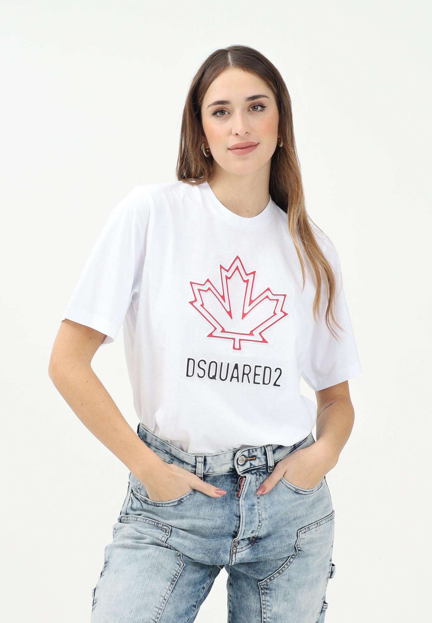DSQUARED2 T-shirt a manica corta bianca per donna, ragazzi e bambini con logo Maple Leaf DQ2770D0015 DQ100 DSQUARED2