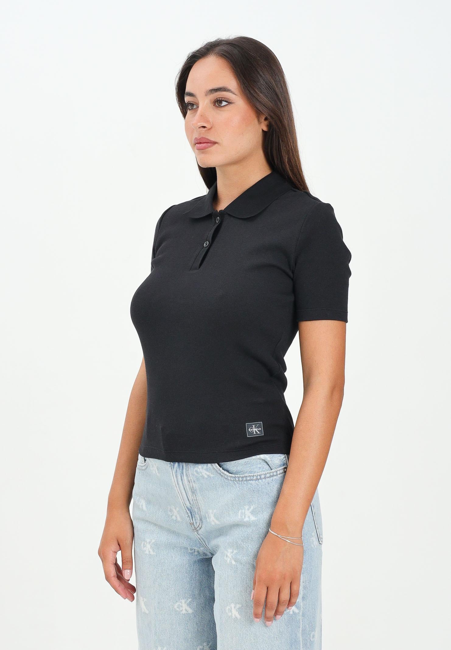 CALVIN KLEIN JEANS Polo a manica corta nera da donna con patch logo LV047C907GUB1 CALVIN KLEIN JEANS