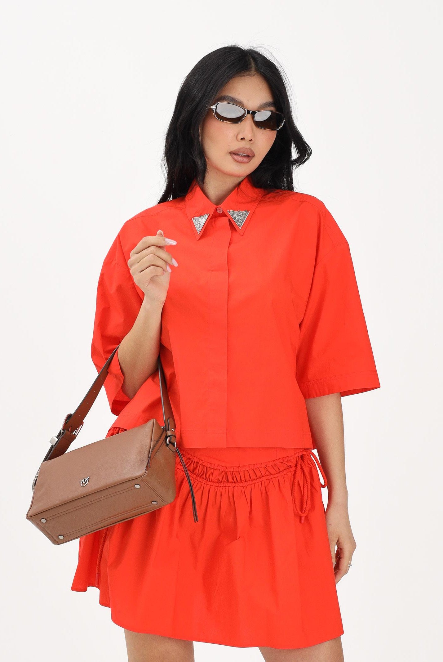 PINKO Camicia a manica corta arancione da donna con dettaglio gioiello 106826A2LD A99 PINKO