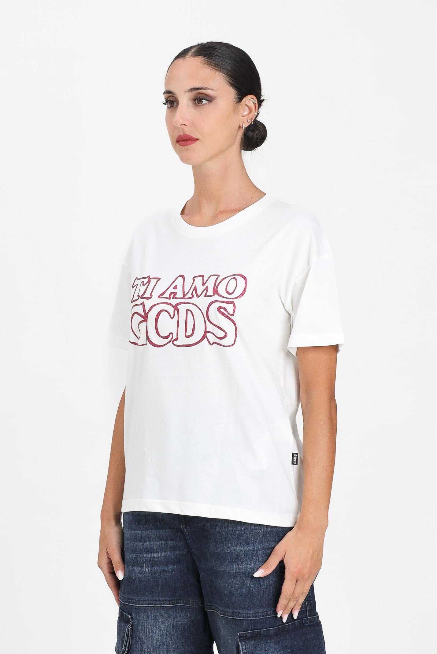 GCDS T-shirt a manica corta bianca per donna e bambina con stampa glitterata TI AMO GCDS B2JW2335BA3 15 GCDS