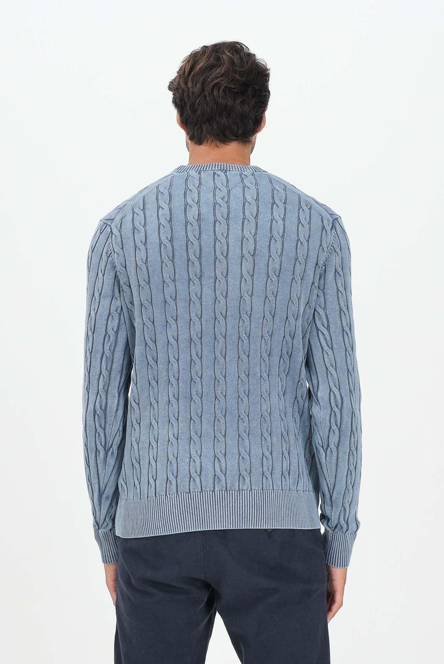 TOMMY HILFIGER Maglioncino girocollo azzurro da uomo in maglia intrecciata MW0MW39524C2B . TOMMY HILFIGER