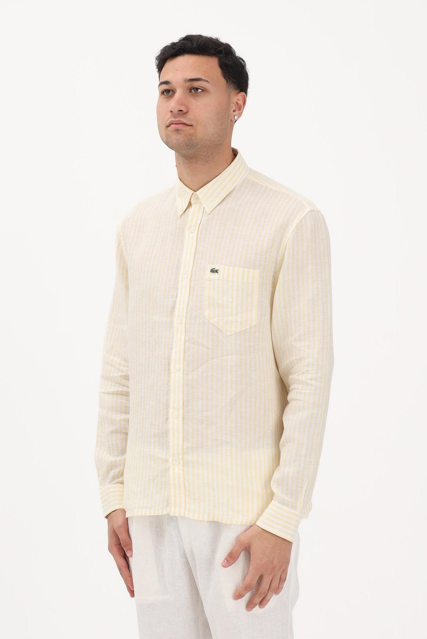LACOSTE Camicia a manica lunga gialla e bianca da uomo con motivo a righe CH6985 2AI LACOSTE