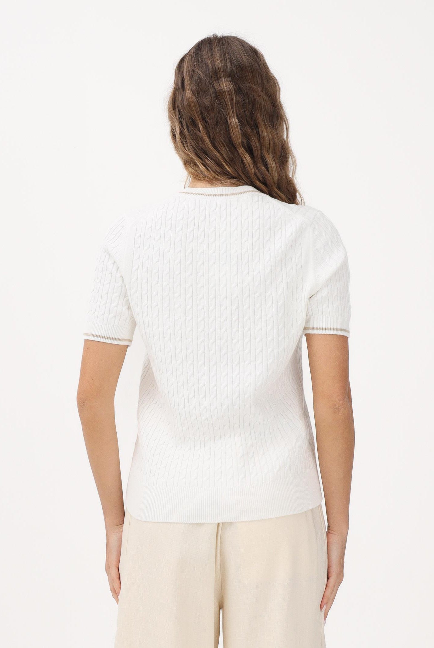 LACOSTE Maglia a manica corta bianca da donna in maglia a trecce AF9862 70V LACOSTE