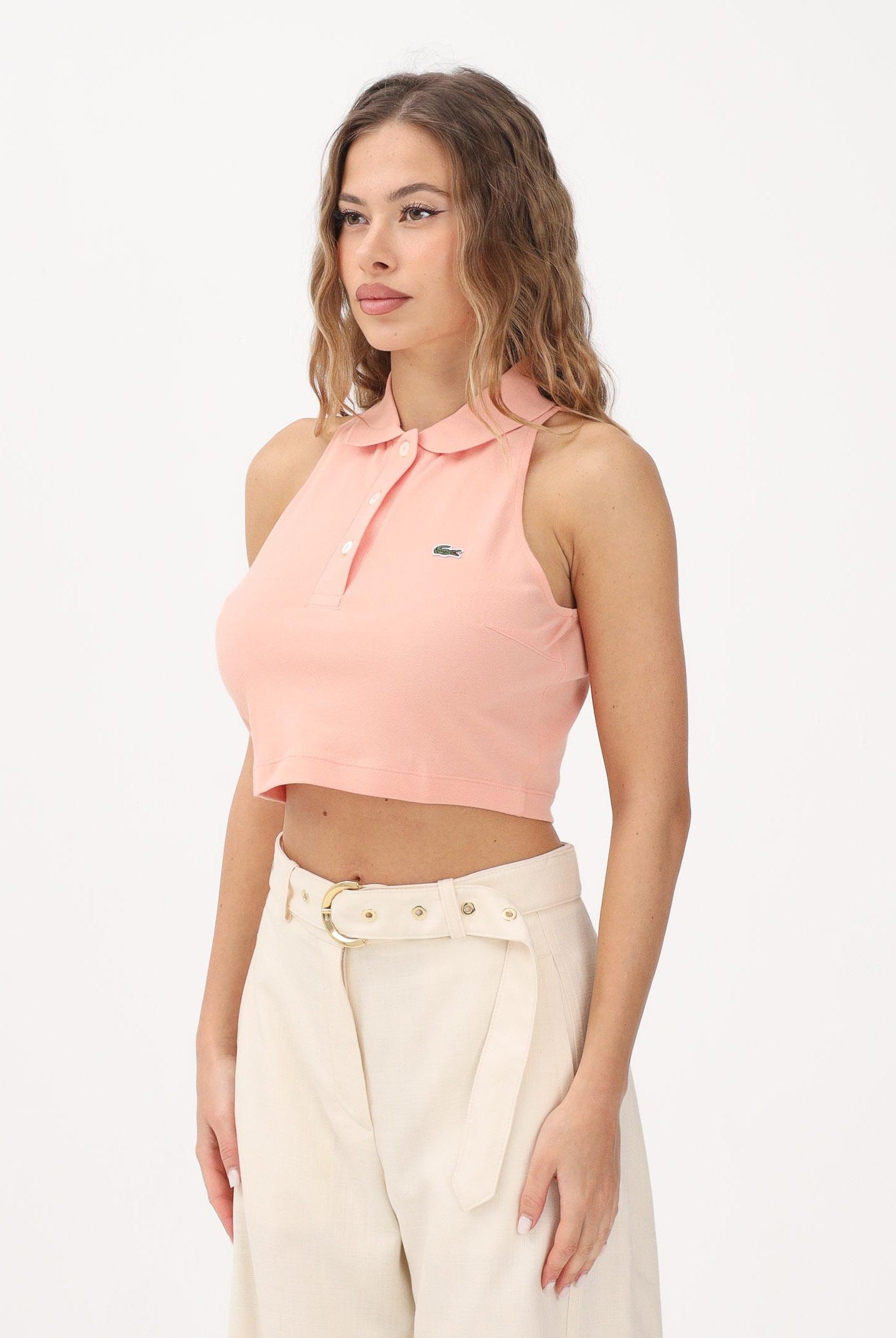 LACOSTE Polo crop rosa pesca da donna con logo PF3123 UI2 LACOSTE