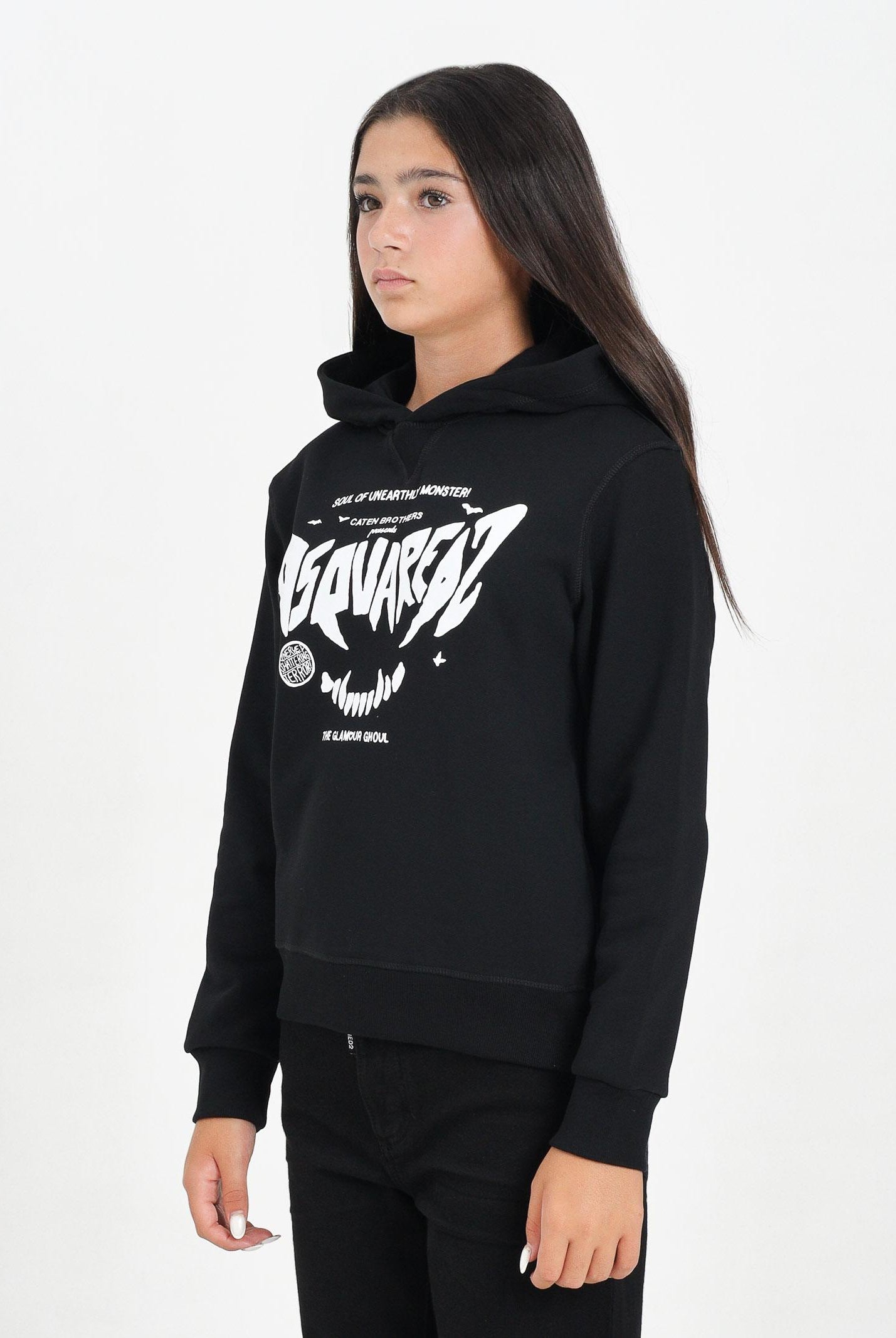 DSQUARED2 Felpa con cappuccio nera per donna, ragazzi e bambini con stampa Dsquared2 horror DQ3004D0094 DQ900 DSQUARED2