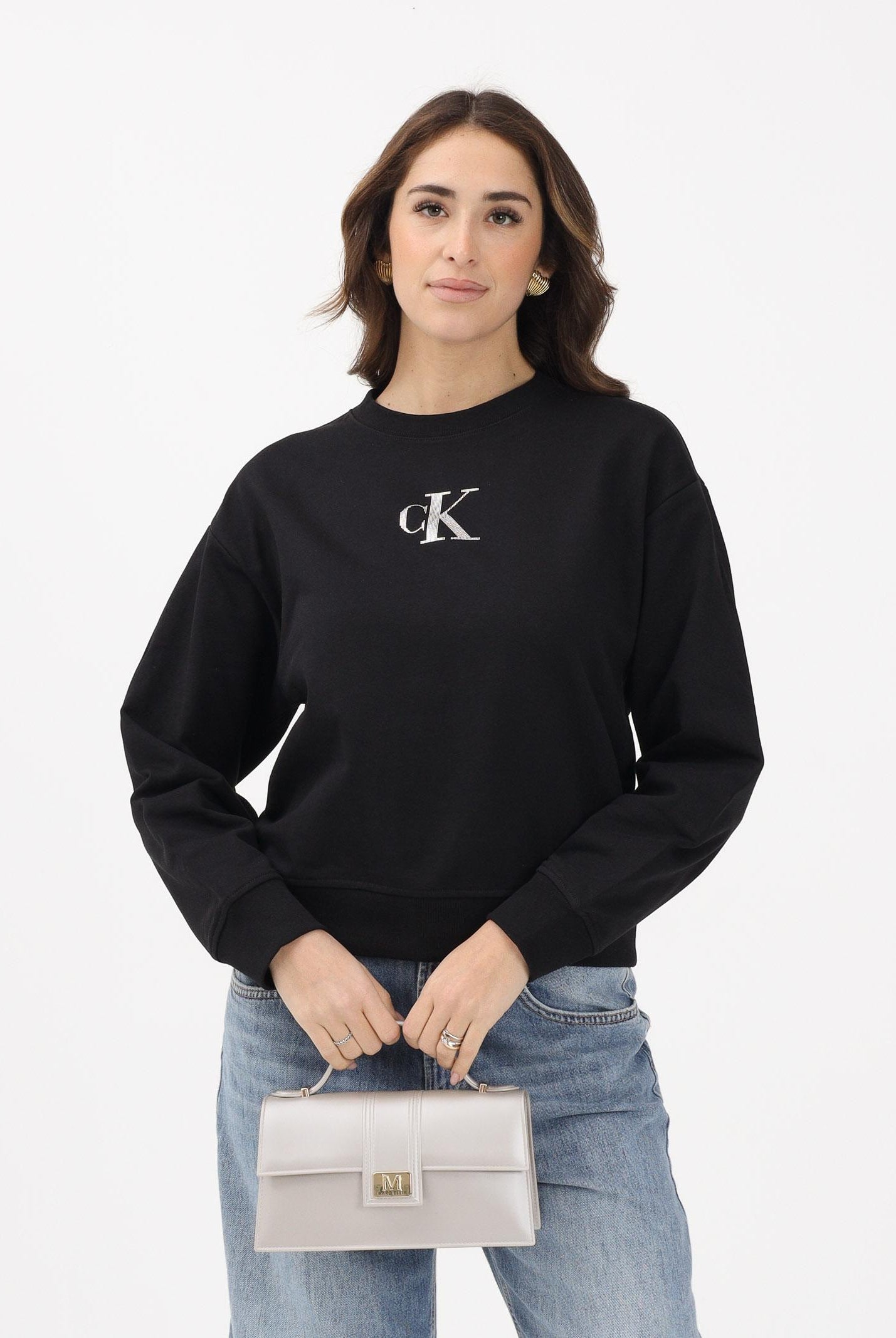 CALVIN KLEIN JEANS Felpa girocollo nera da donna con logo LV047E828GUB1 . CALVIN KLEIN JEANS