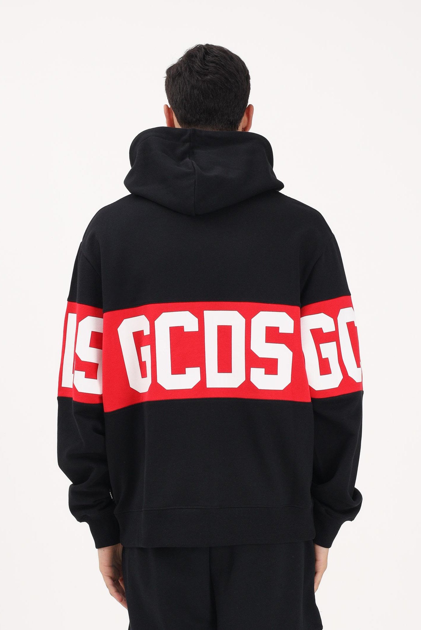 GCDS Felpa con cappuccio nera per uomo e donna caratterizzata da banda a contrasto e logo Z0MLQE138F004 999R GCDS