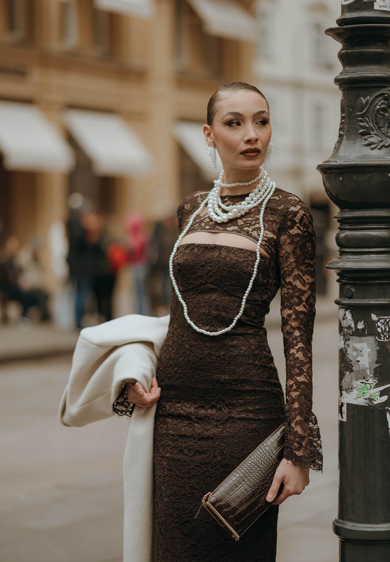 SANTAS Abito midi CHARME in pizzo marrone da donna PV2602 MA SANTAS