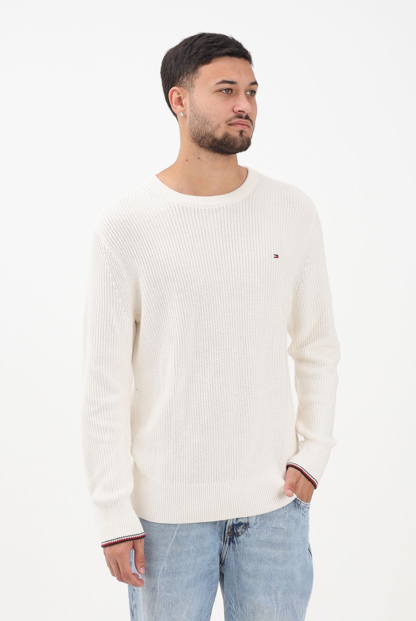 TOMMY HILFIGER Maglioncino girocollo panna da uomo con logo MW0MW41516Z00 TOMMY HILFIGER