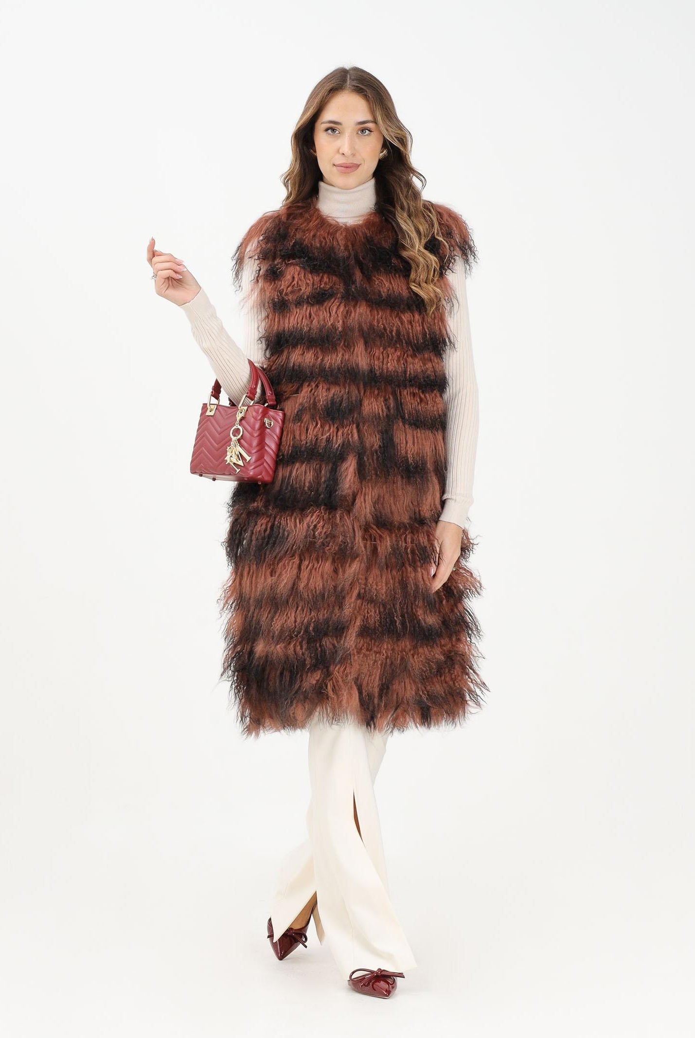 MEHRAN Vera pelliccia lunga da donna con effetto a righe sfumate nei toni del marrone e del nero 25150BRWBLK BRWBLK MEHRAN