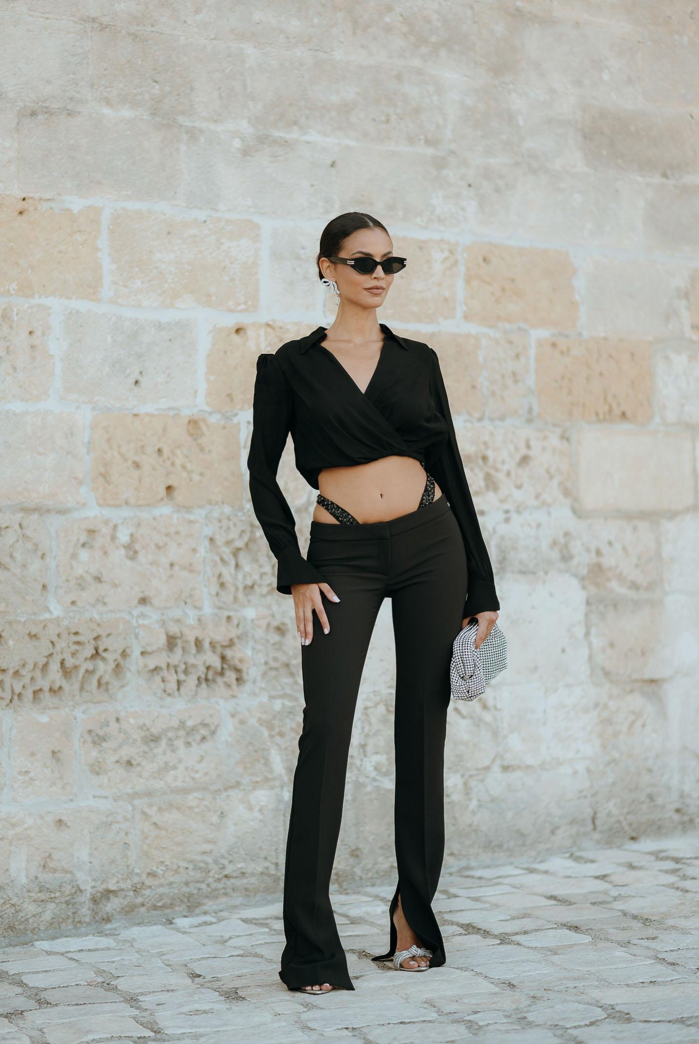 ELISABETTA FRANCHI Pantalone elegante nero da donna con cristalli PA12857E2 110 ELISABETTA FRANCHI