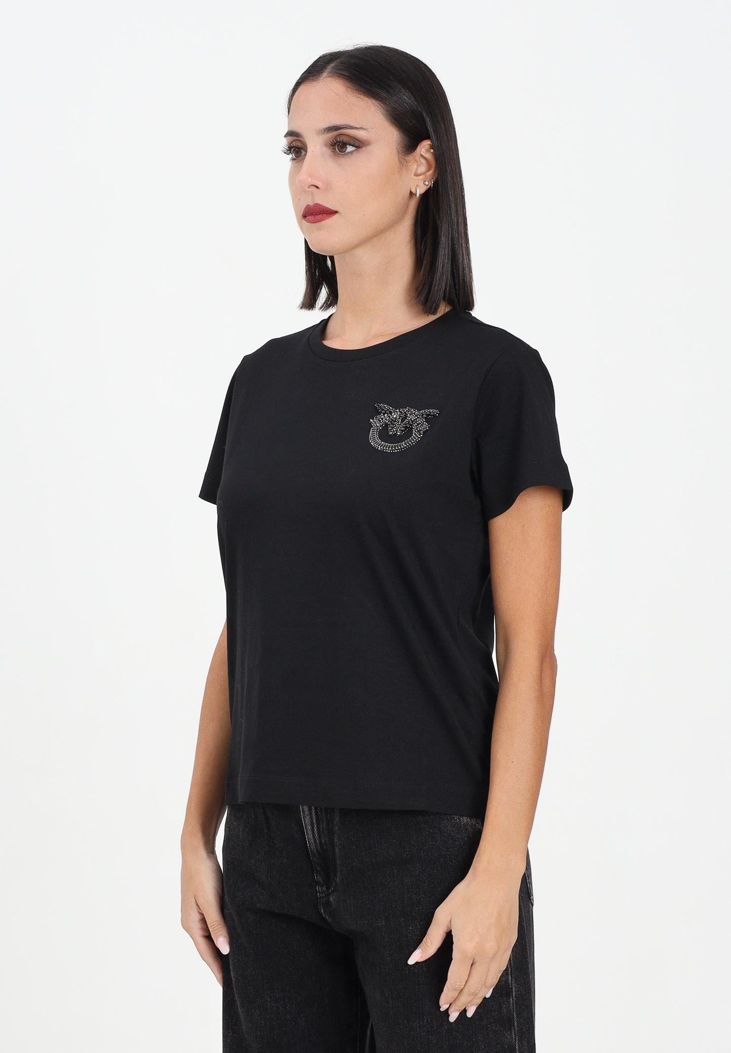 PINKO T-shirt a manica corta nera da donna con ricamo logo Love Birds in cristalli 103320A2RN Z99 PINKO