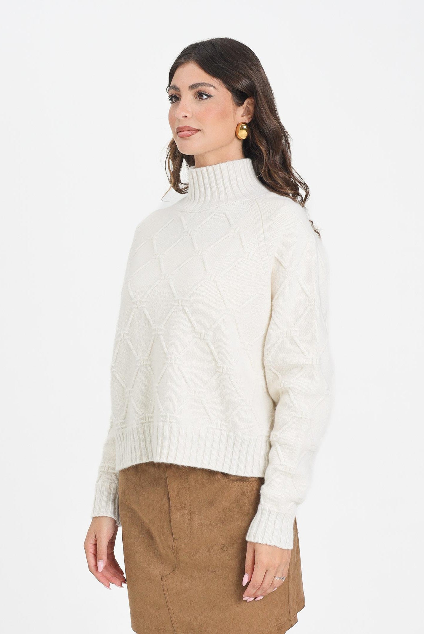 ELISABETTA FRANCHI Maglione a collo alto panna da donna con losanghe jacquard MK55T57E2 DZ9 ELISABETTA FRANCHI