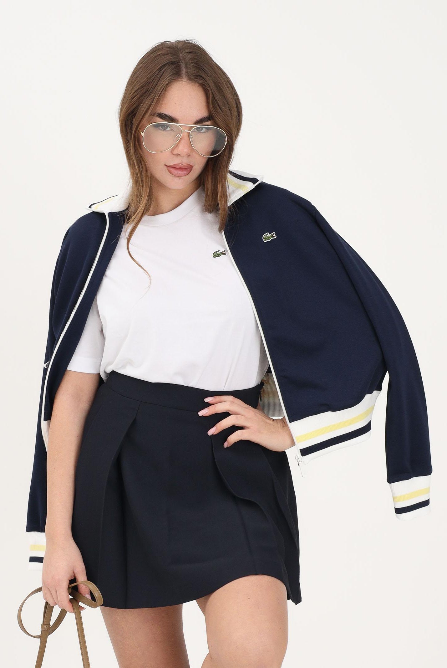 LACOSTE Felpa con zip blu da donna rifinita da orli a contrasto e logo SF5252 0PW LACOSTE