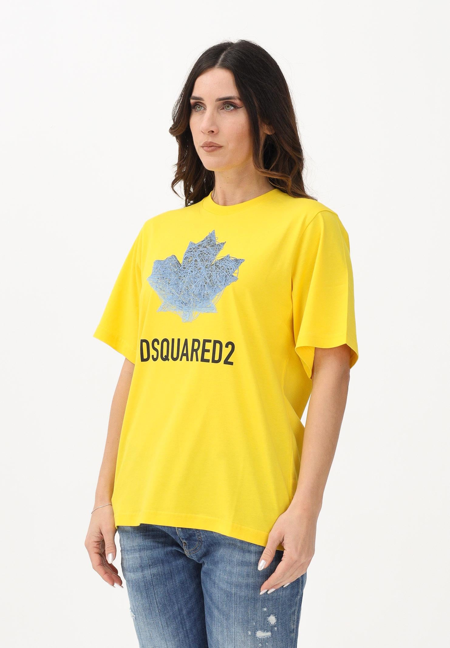 DSQUARED2 T-shirt a manica corta gialla per donna, ragazzi e bambini con logo e maxi foglia d'acero DQ3176D00XM DQ220 DSQUARED2