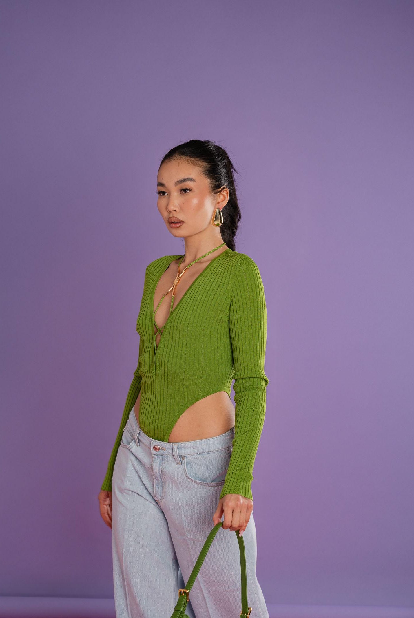 ELISABETTA FRANCHI Body a manica lunga verde da donna con dettaglio gioiello BK83S61E2 EV3 ELISABETTA FRANCHI
