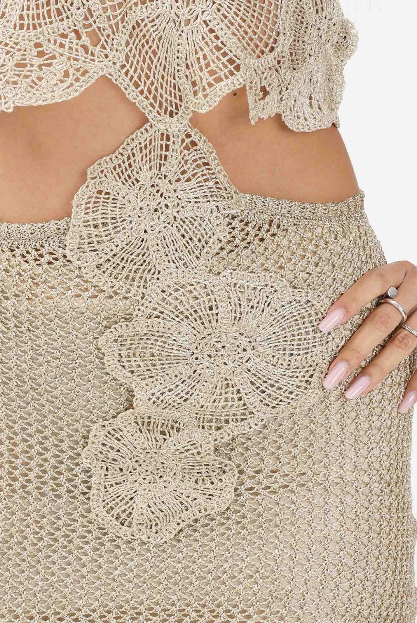 SIMONA CORSELLINI Abito midi oro da donna in maglia crochet lavorata P26CEABO5301 V0118 SIMONA CORSELLINI