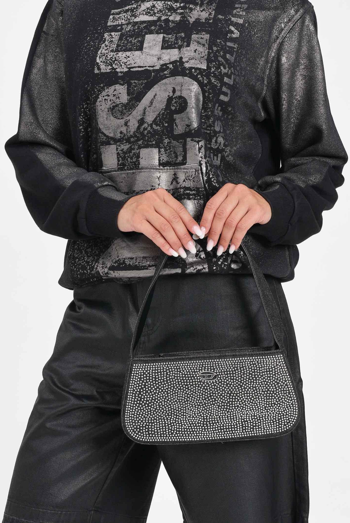 DIESEL Borsa WJULIE in denim nero da donna con strass applicati J02530KXBRM K02 DIESEL