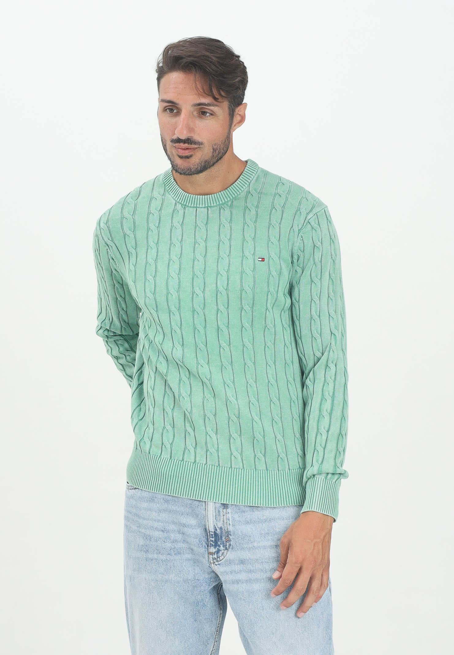 TOMMY HILFIGER Maglioncino girocollo verde da uomo in maglia intrecciata MW0MW39524L3J TOMMY HILFIGER