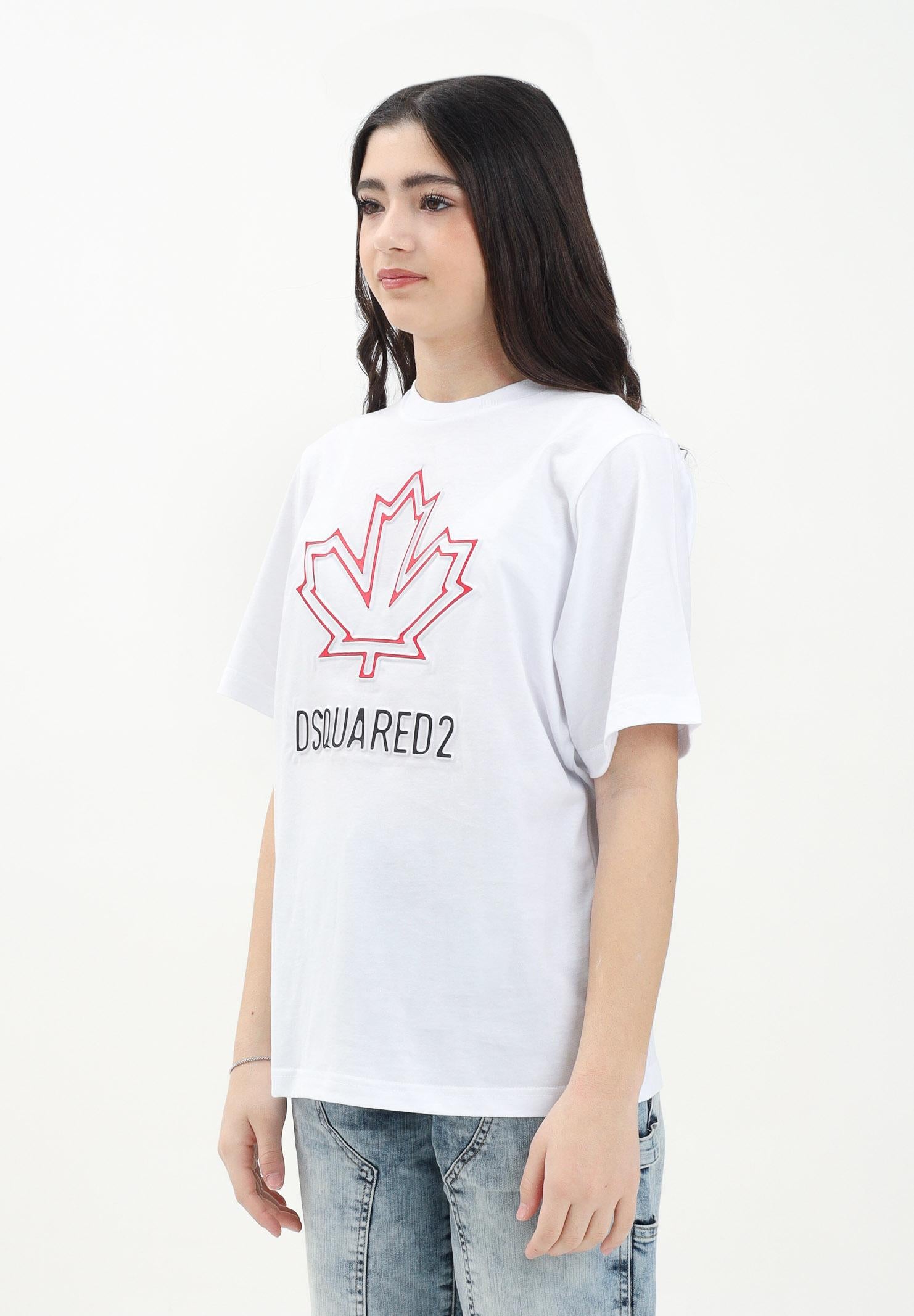 DSQUARED2 T-shirt a manica corta bianca per donna, ragazzi e bambini con logo Maple Leaf DQ2770D0015 DQ100 DSQUARED2