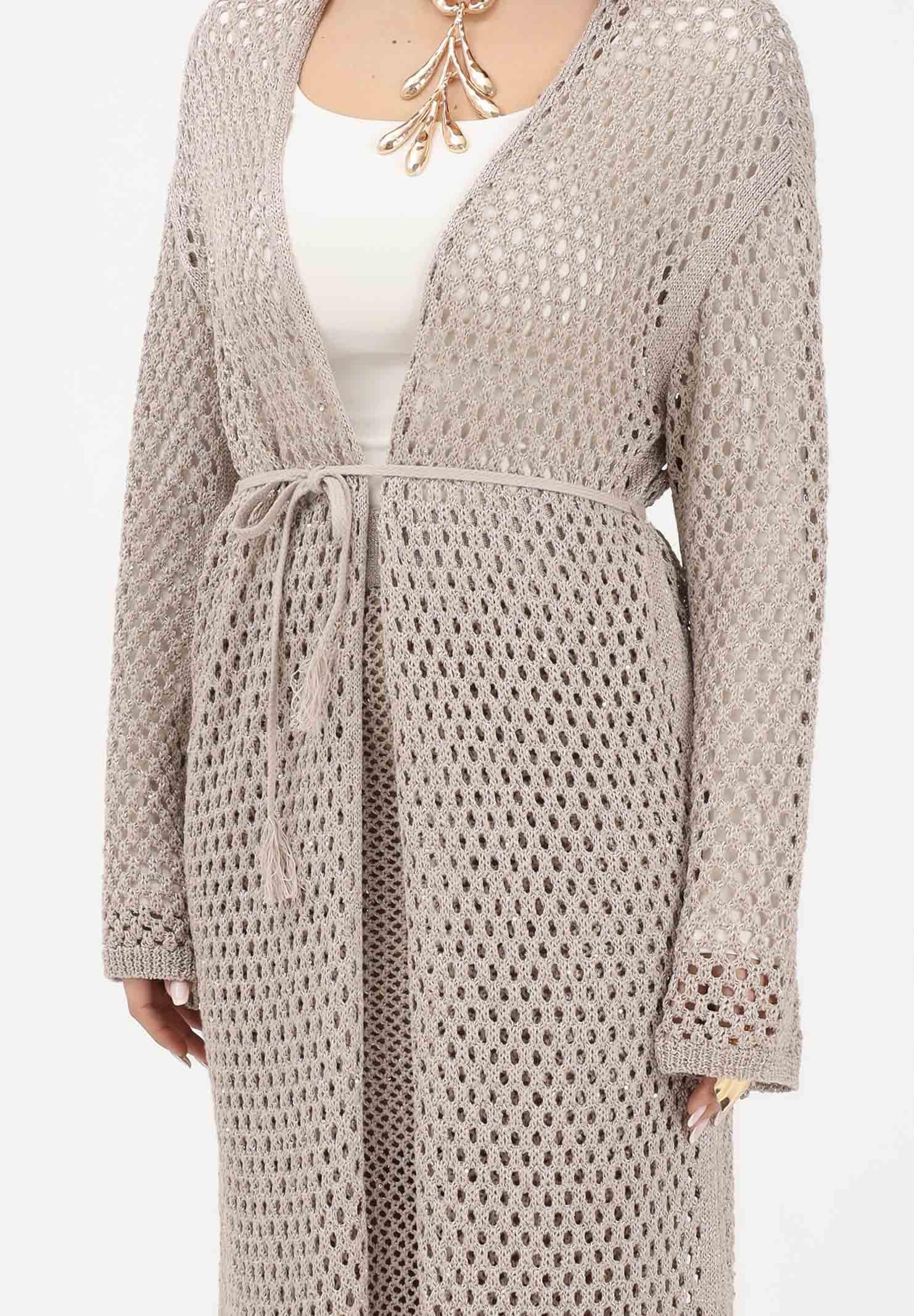 AKEP Cardigan lungo beige da donna in maglia traforata con cintura MGKD13036 V3 AKEP